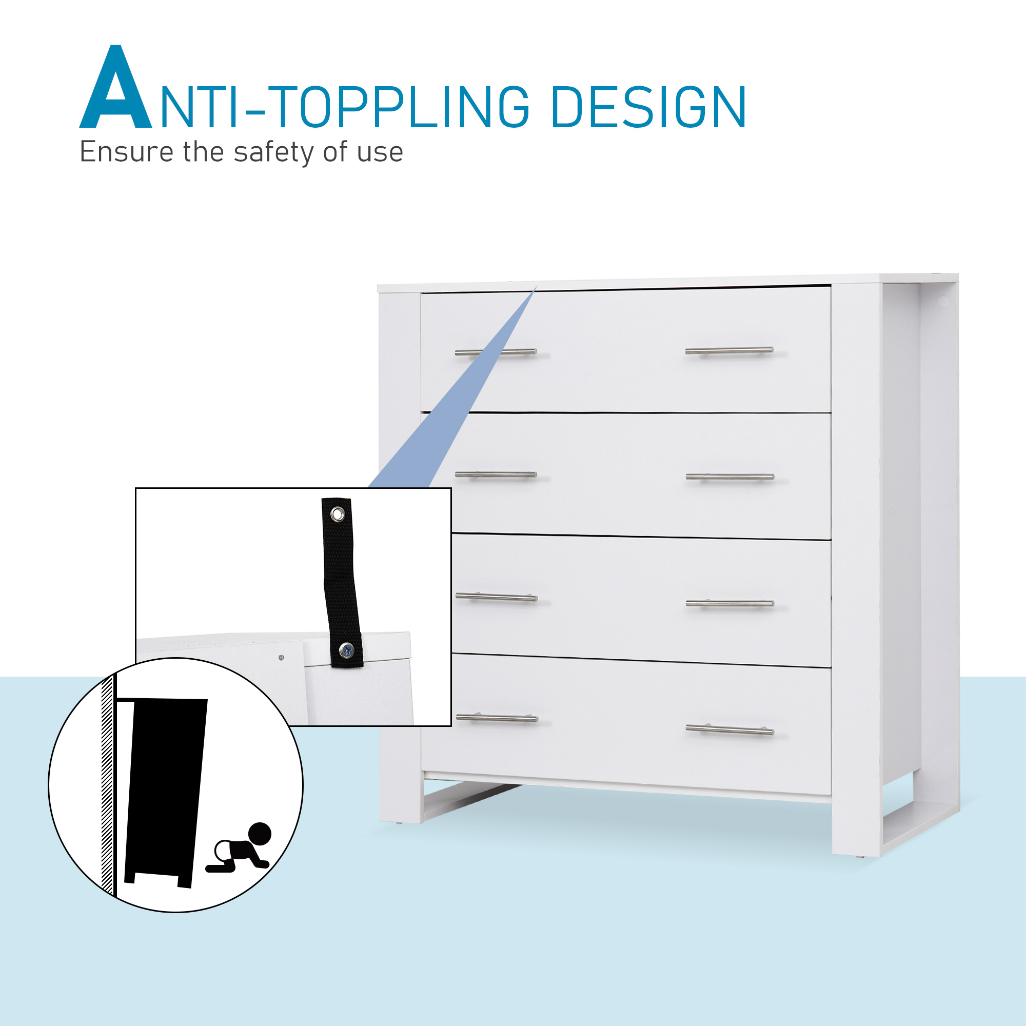 HOMCOM Chest Of 4 Drawers Storage Cabinet Bedroom Clothes w/Metal Handles Base Freestanding Unit Furnishing Living Room White 7