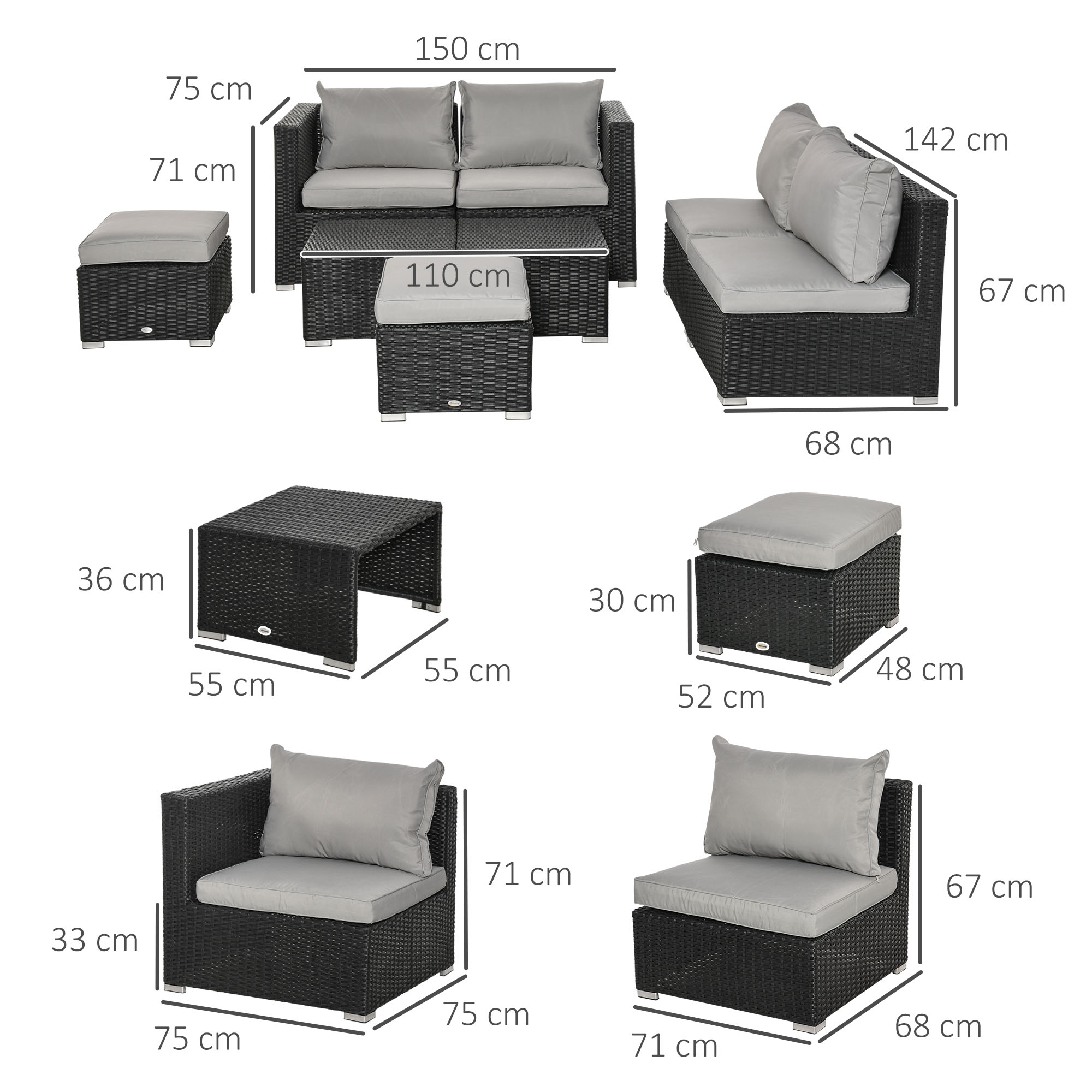 Outsunny 8 Pieces PE Rattan Sofa Set with Cushions, Garden Corner Sofa with 4 Seater Sofa, 2 Footstools and 2 Coffee Table Set, Space-saving Design, No Assembly Required, Black 3