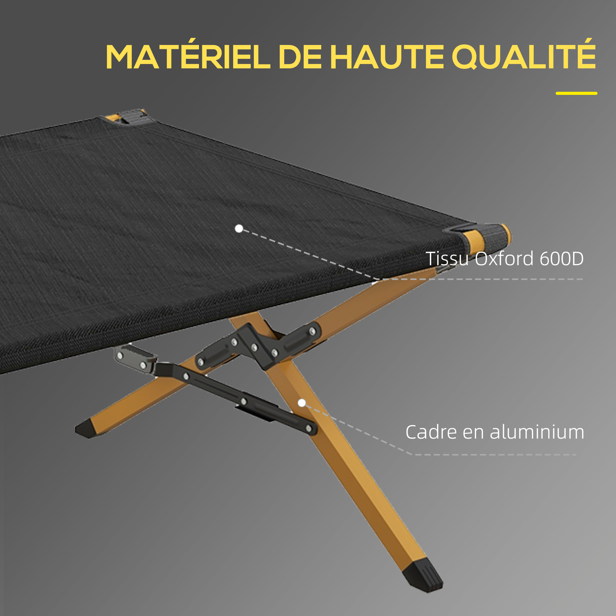 Lit De Camping Outsunny Pliable – Alu 200 Kg, 196×64 Cm, Pochette Latérale, Pour Jardin Ou Festival