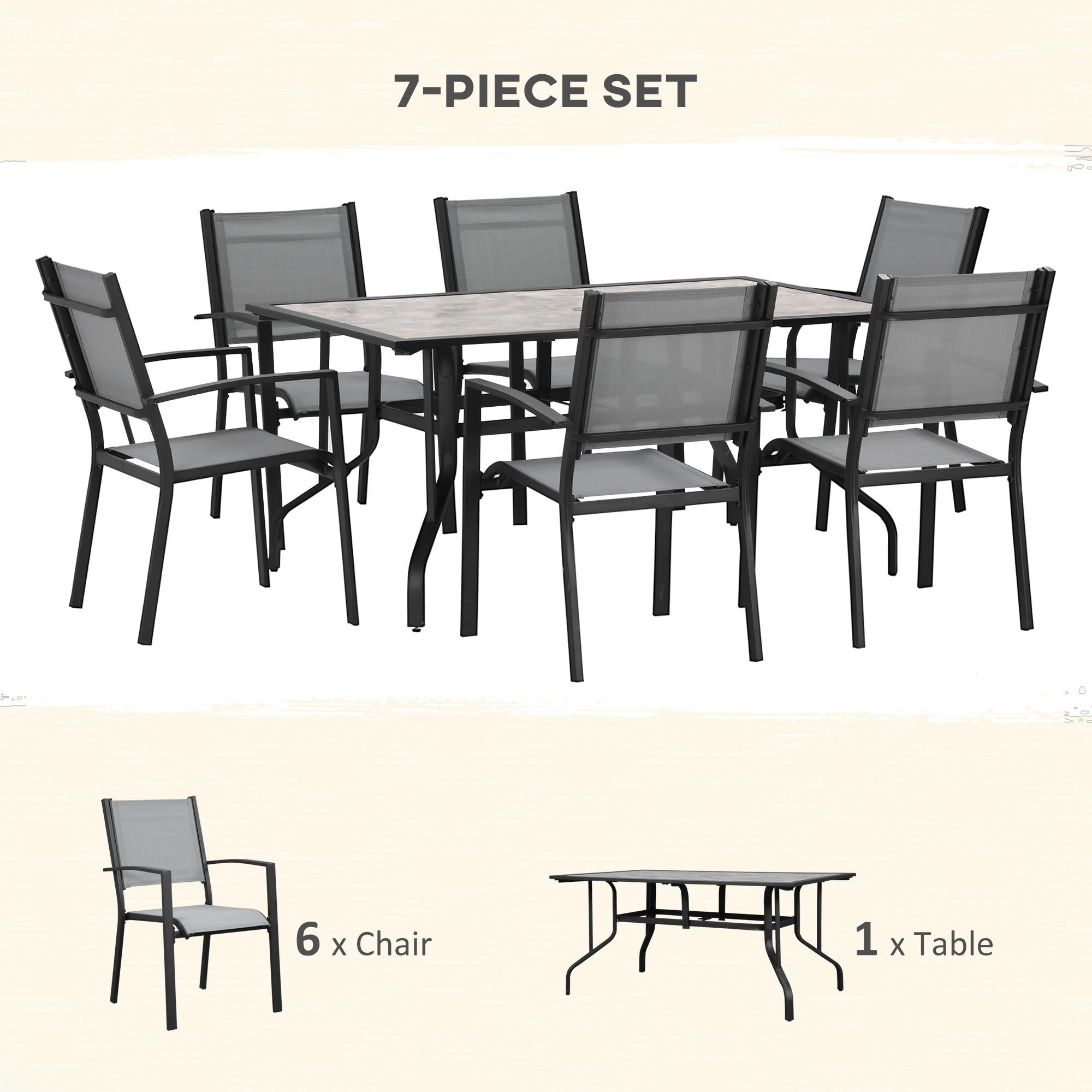 Outsunny 7 Pieces Garden Dining Set, 6 Seater Garden Table and Chairs with Parasol Hole, Outdoor Furniture Armchairs and Stone-like Plastic Top Table with Breathable Mesh Fabric Seat, Grey 4