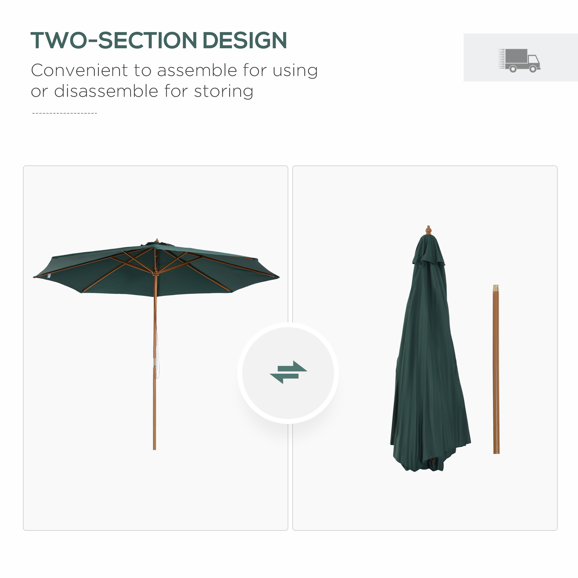 Outsunny 3(m) Wooden Patio Umbrella, Pulley Operated Garden Parasol with Rope Pulley Mechanism and 8 Ribs, Dark Green 6