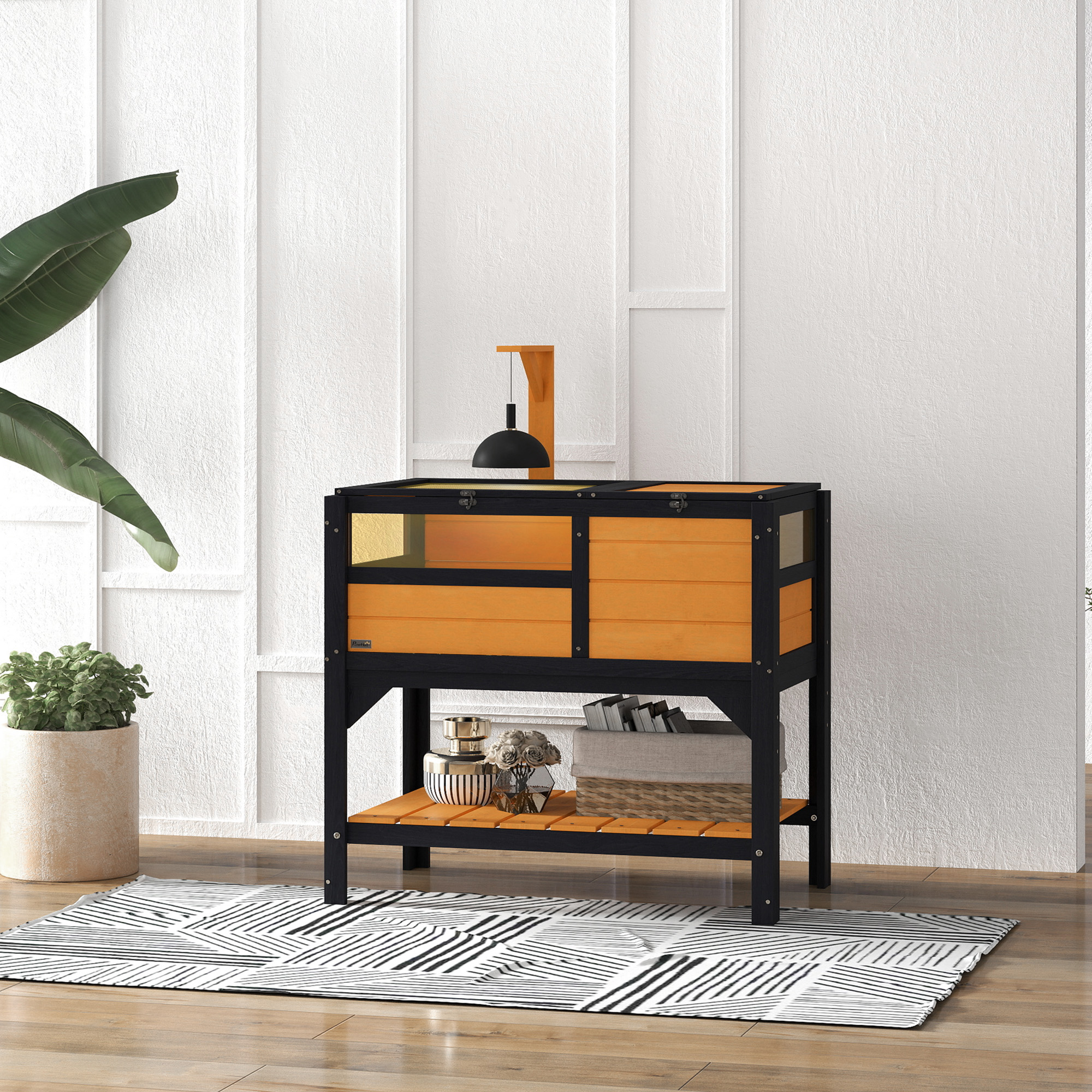 PawHut Wooden Tortoise House, with Shelter, Run, Shelf, Lamp Holder, Tray, Grey