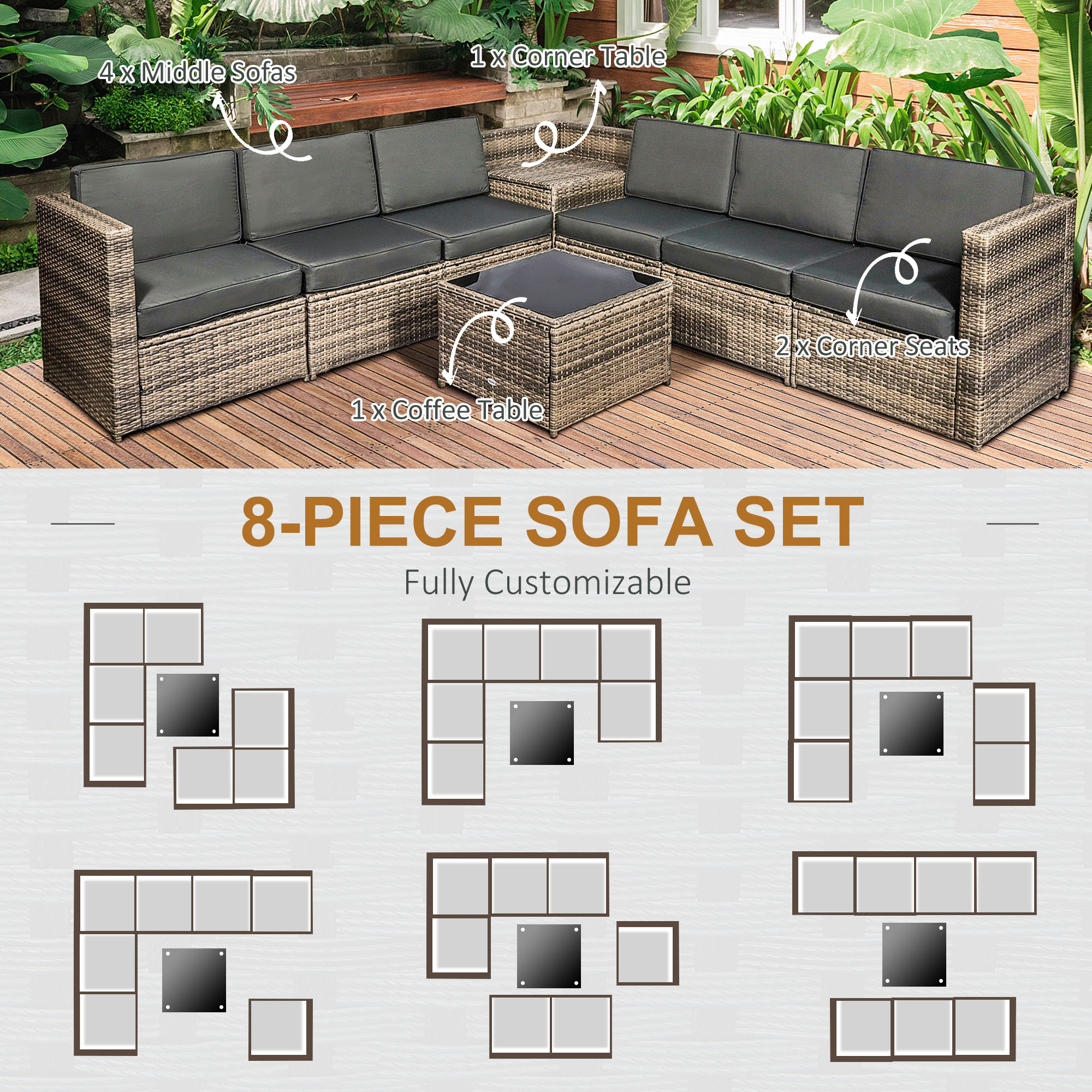 Outsunny 8 Pieces Outdoor PE Rattan Sofa Set with Cushions, Patio Garden Furniture Sets with Glass Top Coffee Table, Storage Corner Table, Mixed Brown 6