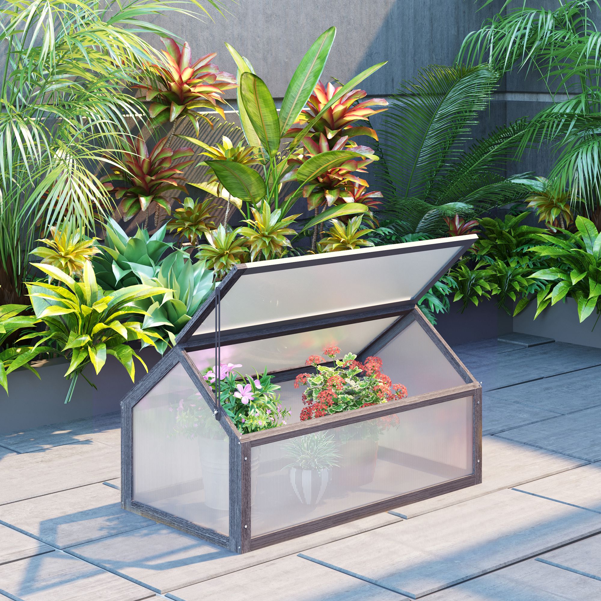 Outsunny Wooden Cold Frame Garden Polycarbonate Greenhouse with Openable Top Cover, Grow House for Flowers, Vegetables, Plants, 90 x 52 x 50cm, Grey 2