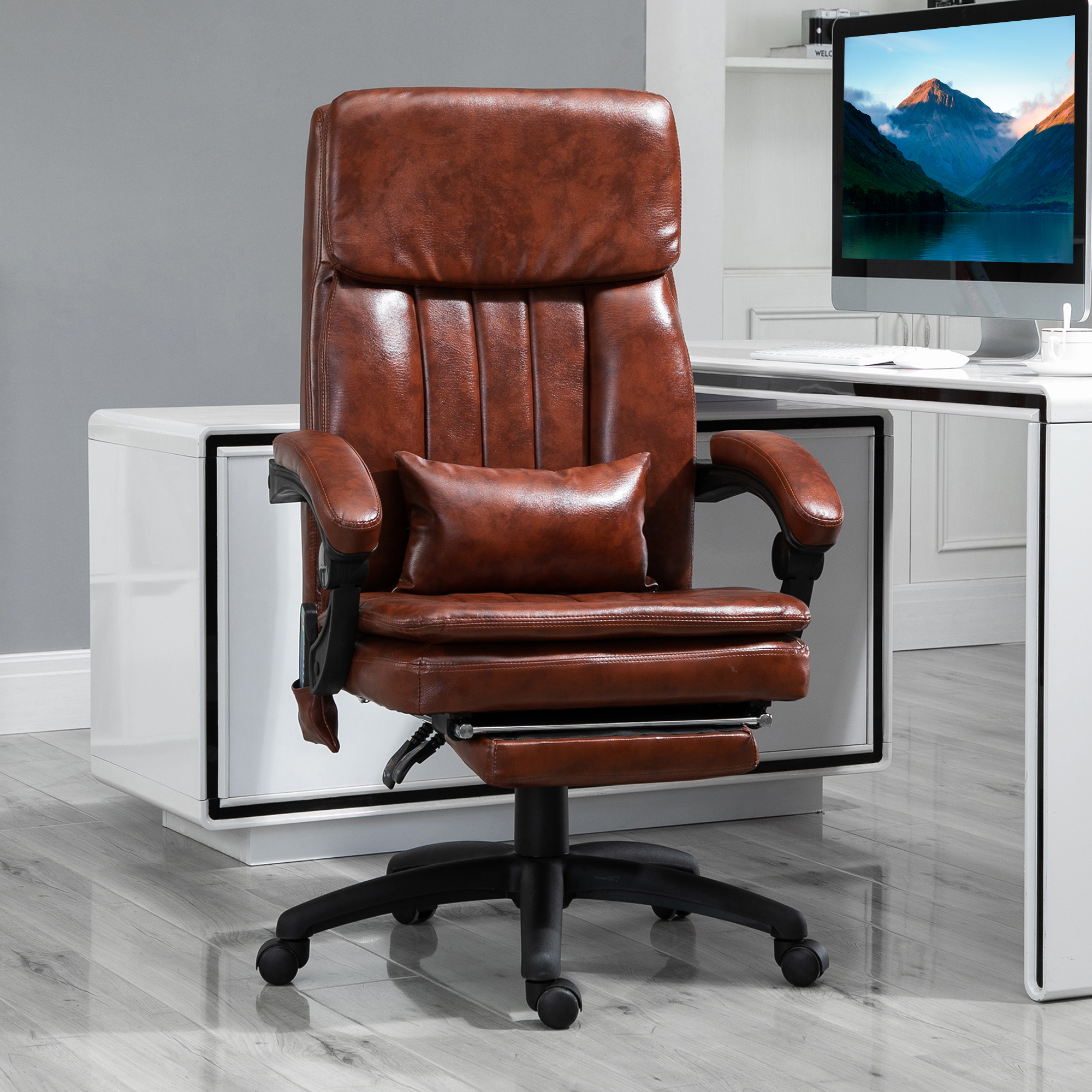 Vinsetto PU Leather Office Chair with 7 Point Vibrating Massage, Computer Desk Chair with Footrest, Adjustable Height, Reclining Back, Brown 2