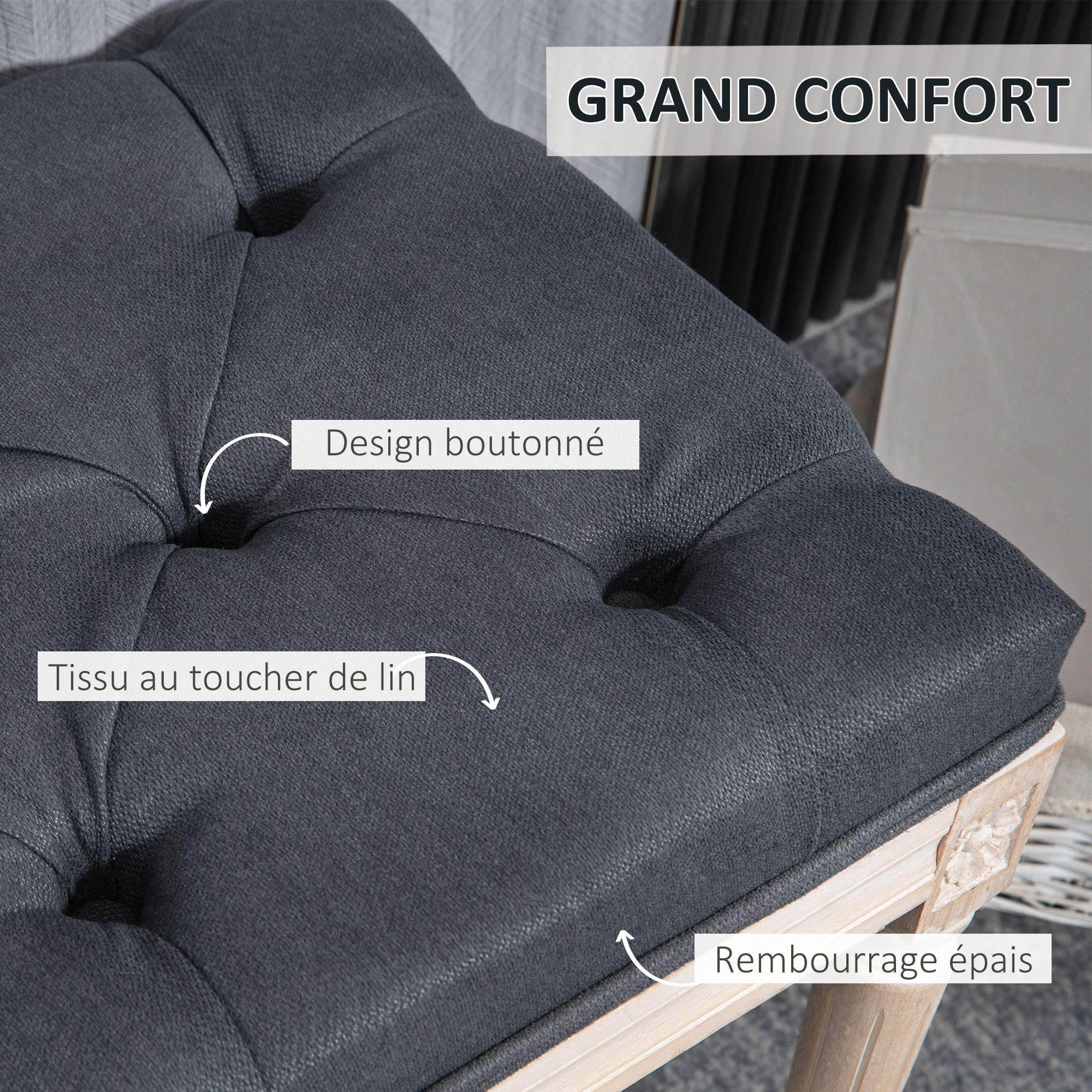 Banc Homcom Banc banquette capitonnée style classique chic bois hévéa
