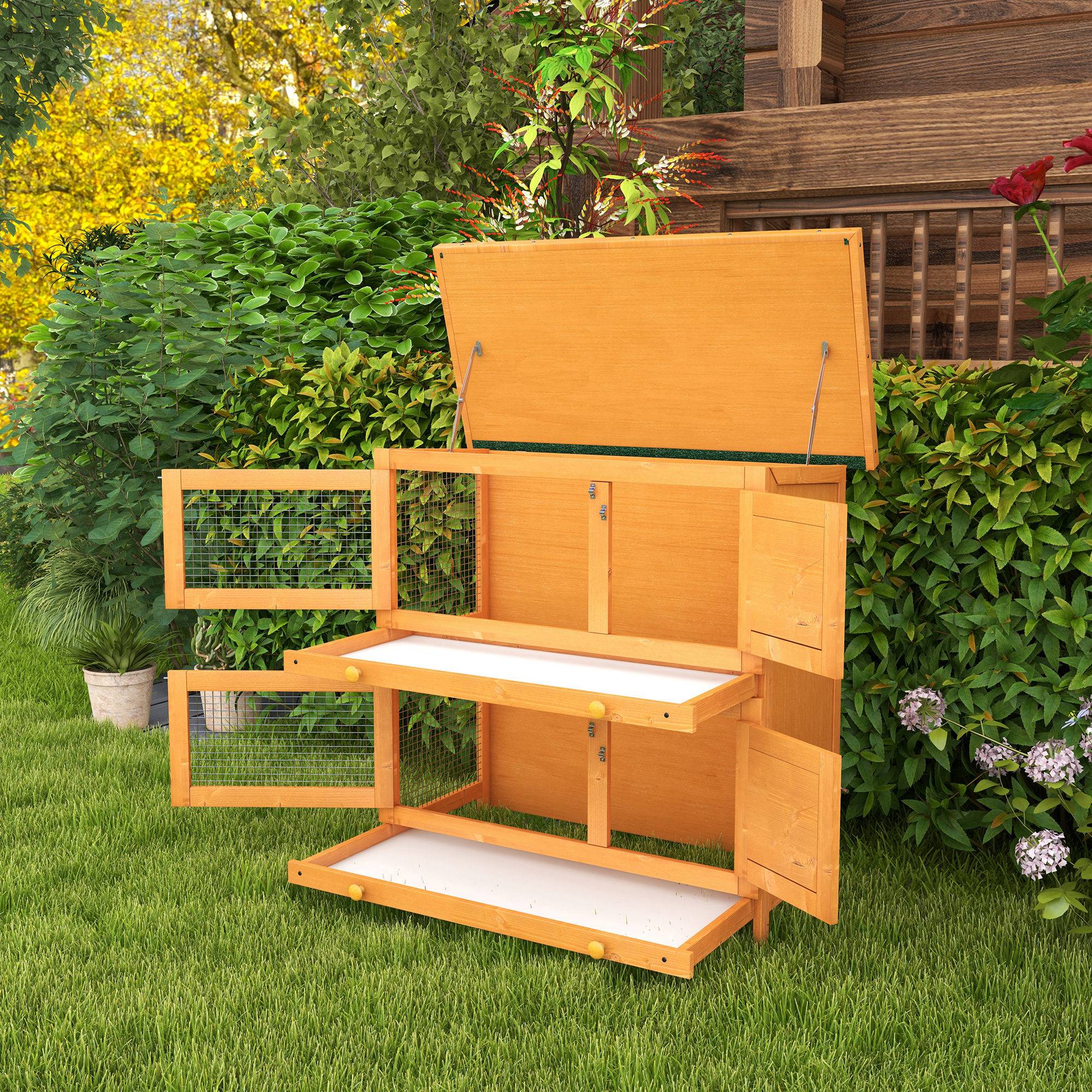 PawHut Double Tier Rabbit Hutch Large 2-Tier Wooden Hutch for Rabbits & Guinea Pigs, Pet Lovers Choice, Natural 8