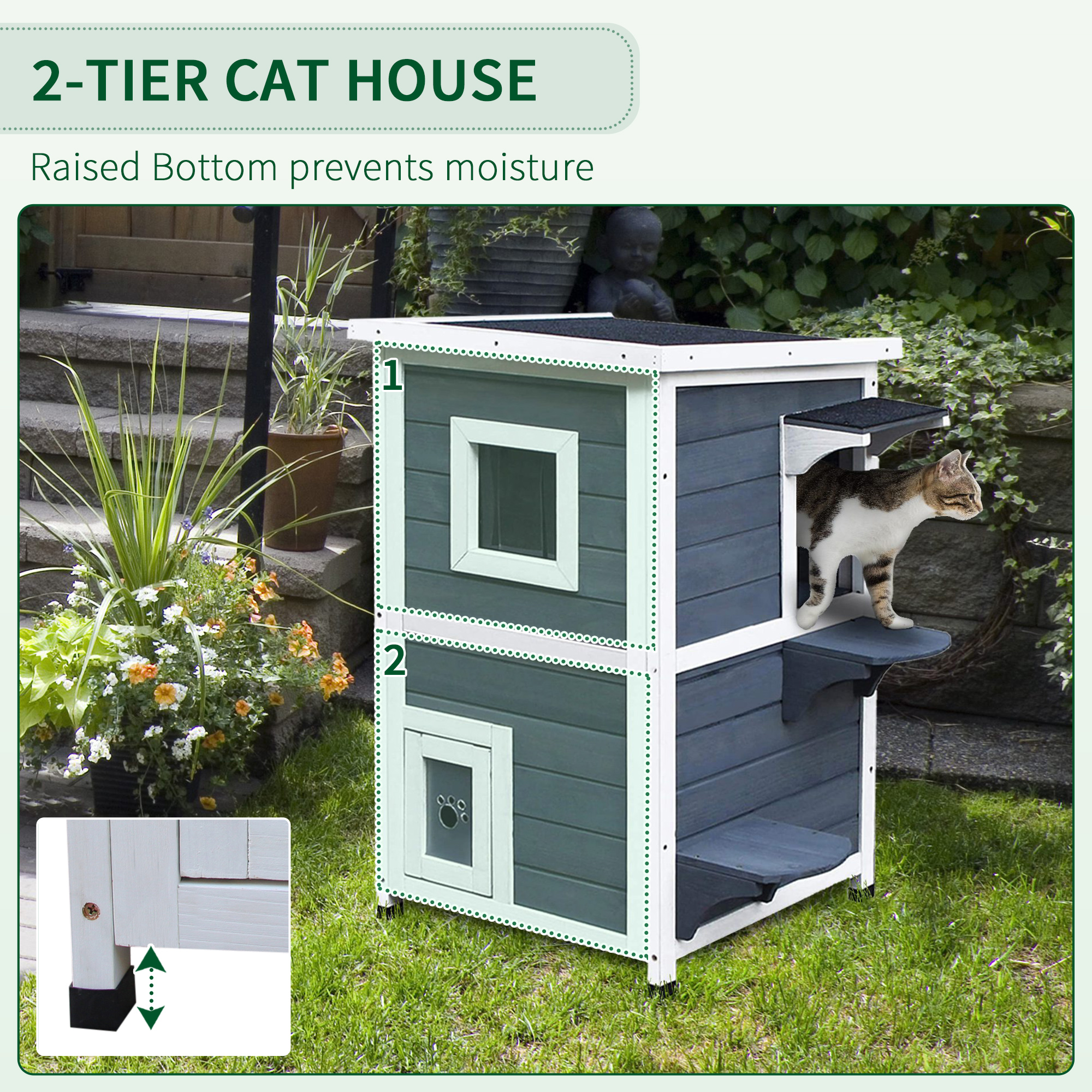 PawHut Wooden Cat House 2-Floor Outdoor Kitten Shelter with Window Grey 5