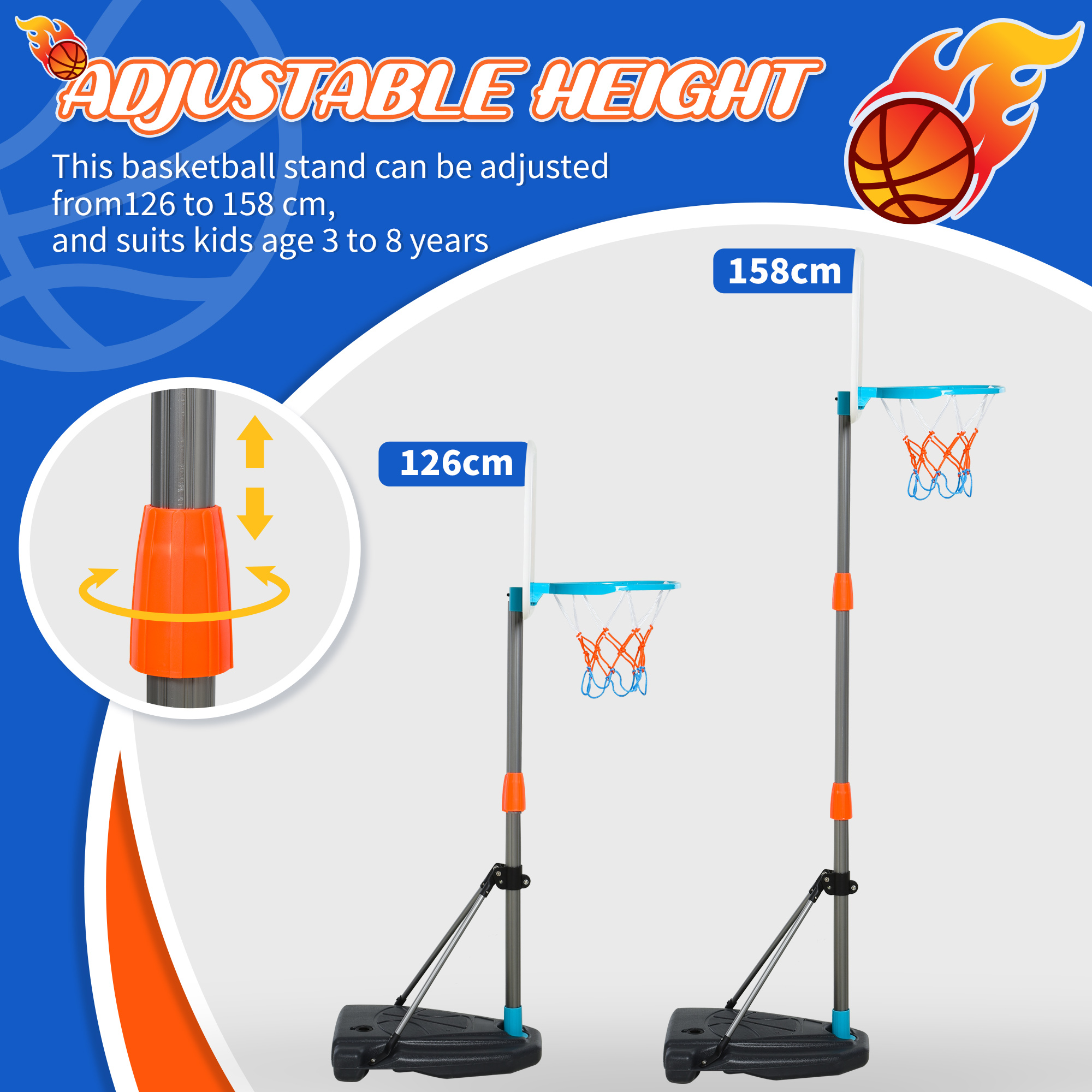 HOMCOM Kids Basketball Hoop and Stand Portable Basketball Stand Set w/ Ball Pump Netting Backboard Adjustable Height from 126 cm to 158 cm 4