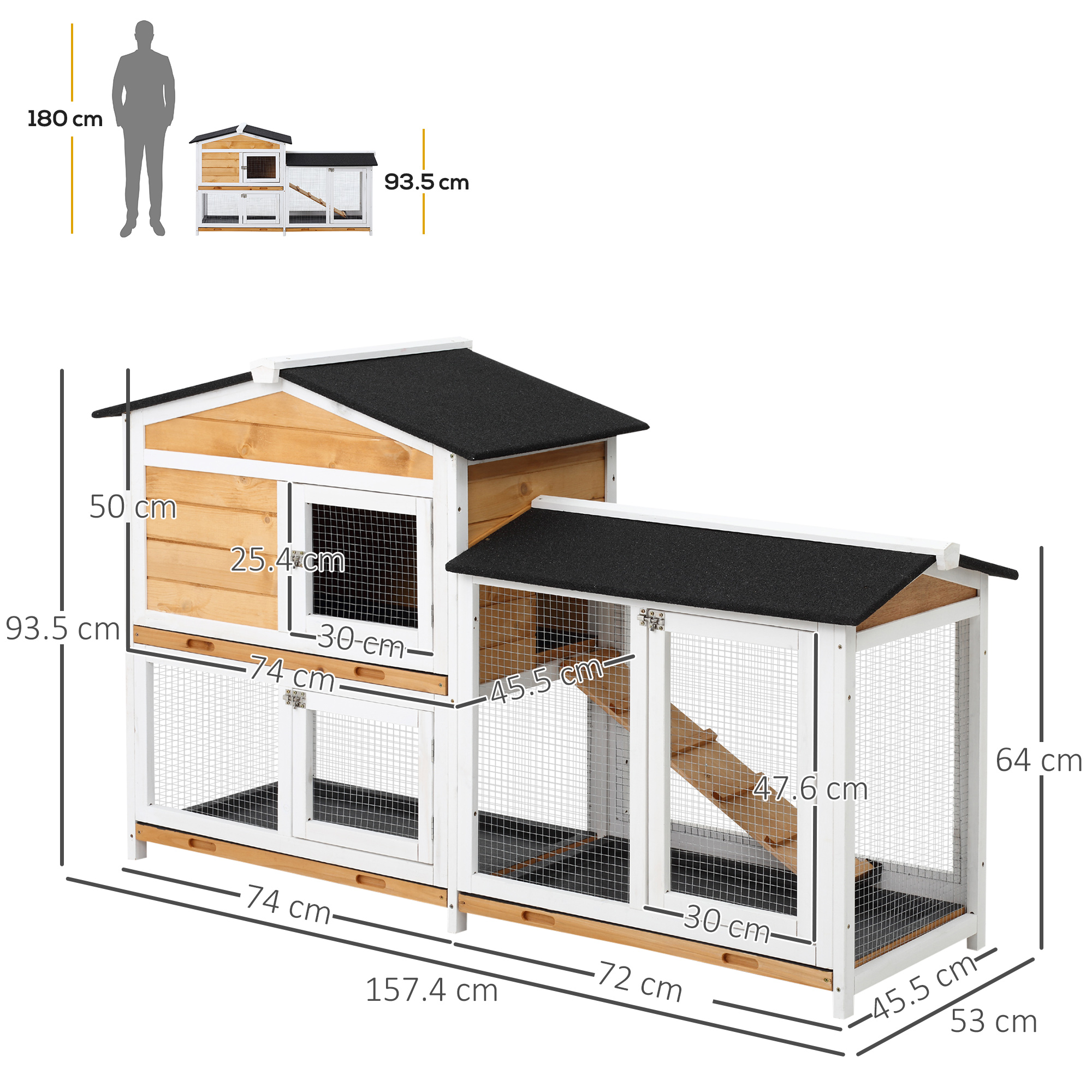 PawHut Rabbit Hutch Guinea Pig Hutch Wooden House with Run, 2 Tier Pet Cage Outdoor with No-leak Plastic Trays, 157.4 x 53 x 93.5cm, Yellow 3