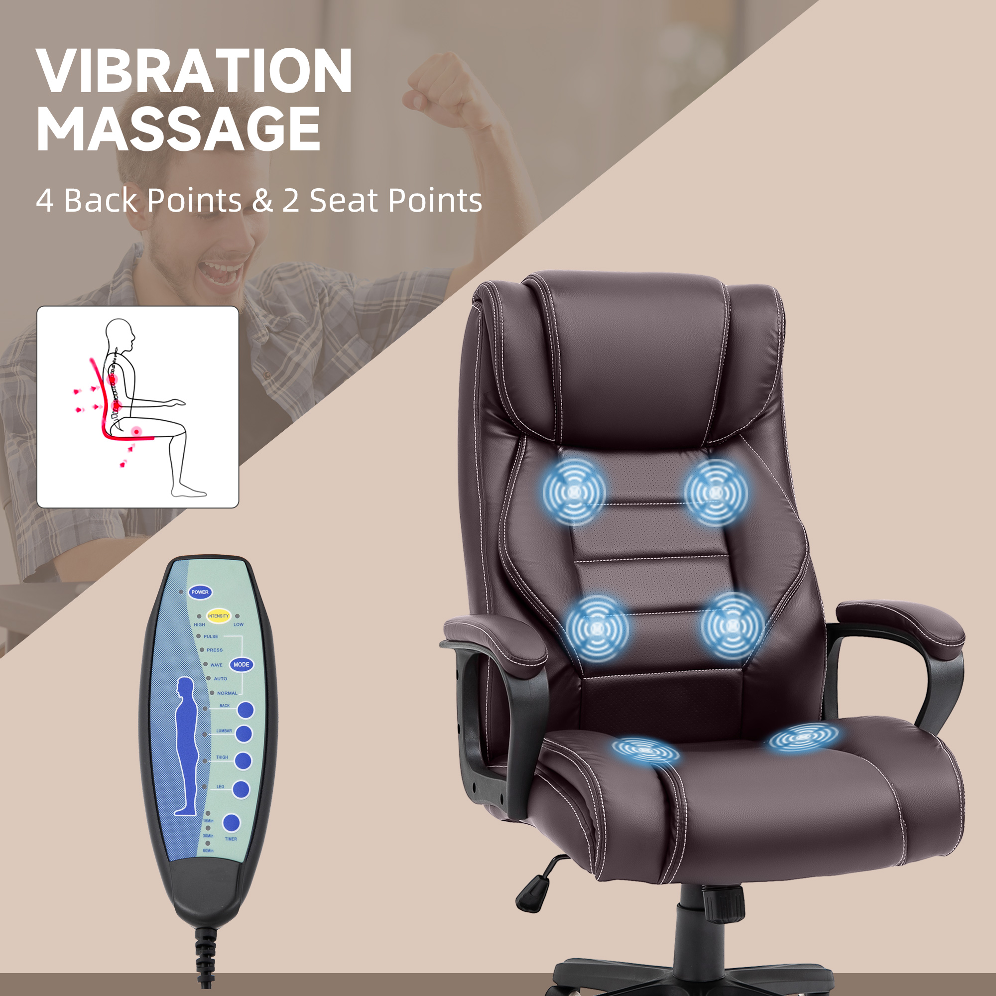 Vinsetto Office Chair with 6-Point Maaage, PU Desk Chair with Padded Seat and Armrest, Computer Chair with Tilt Function for Home, Brown 4