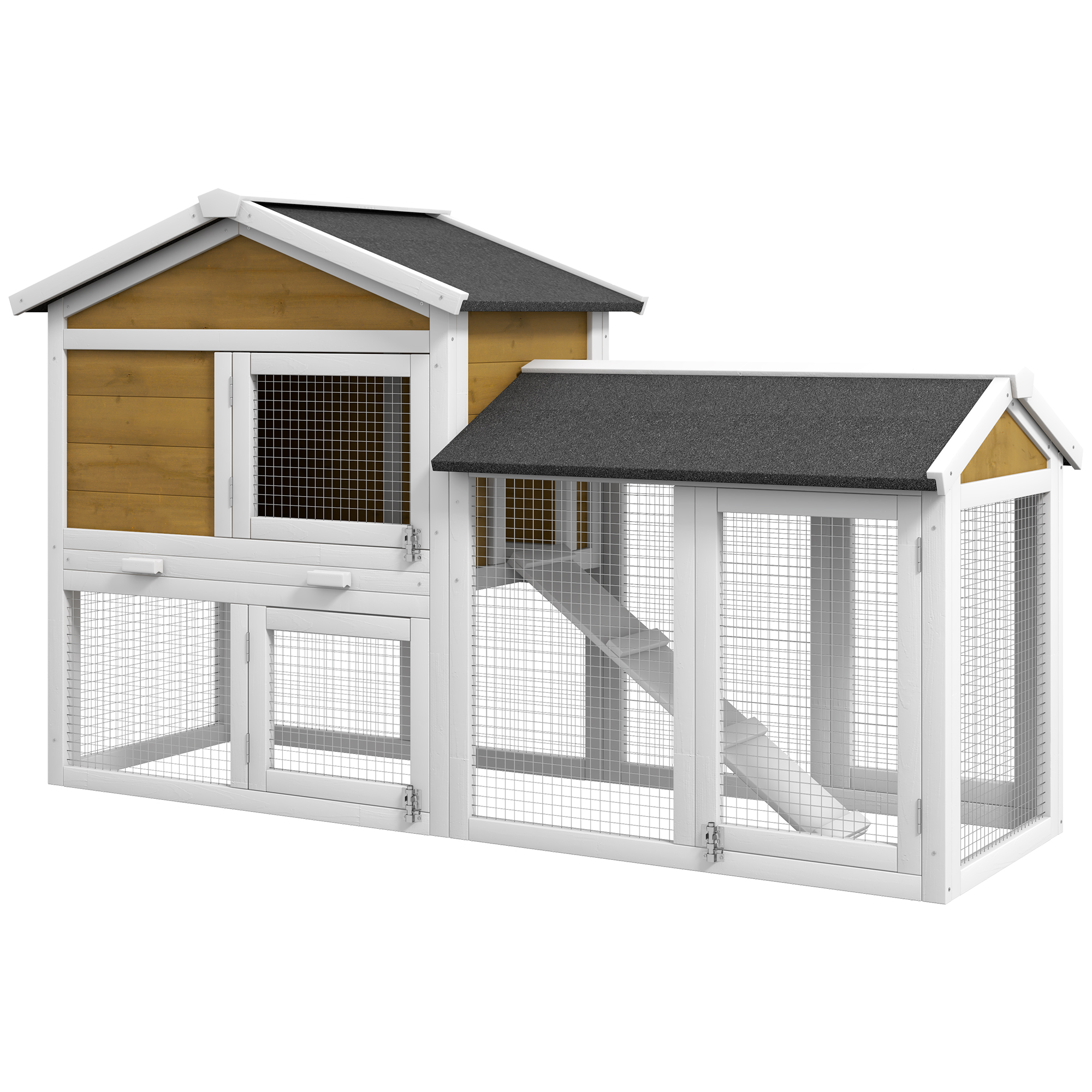PawHut Small Animal Two-Level Fir Wood Guinea Pigs Hutches w/ Ramp Burnt Yellow