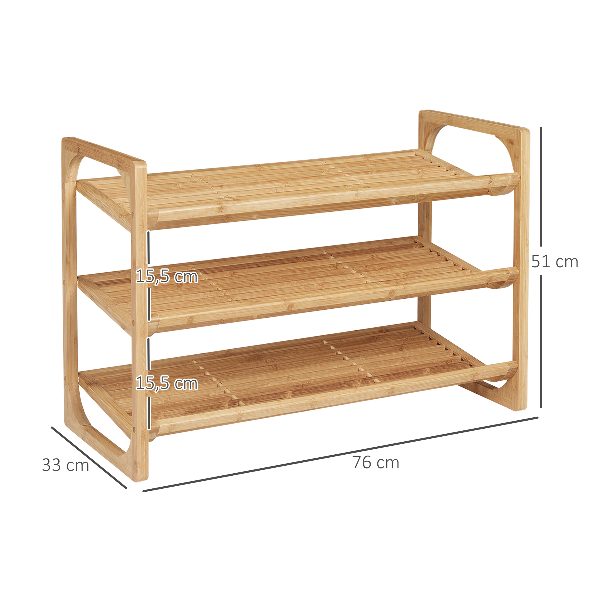 Jalanõuderiiul 9 paarile jalanõusid, 3 riiulit, kõrgendatud servad, bambuspuit, 76 x 33 x 51 cm