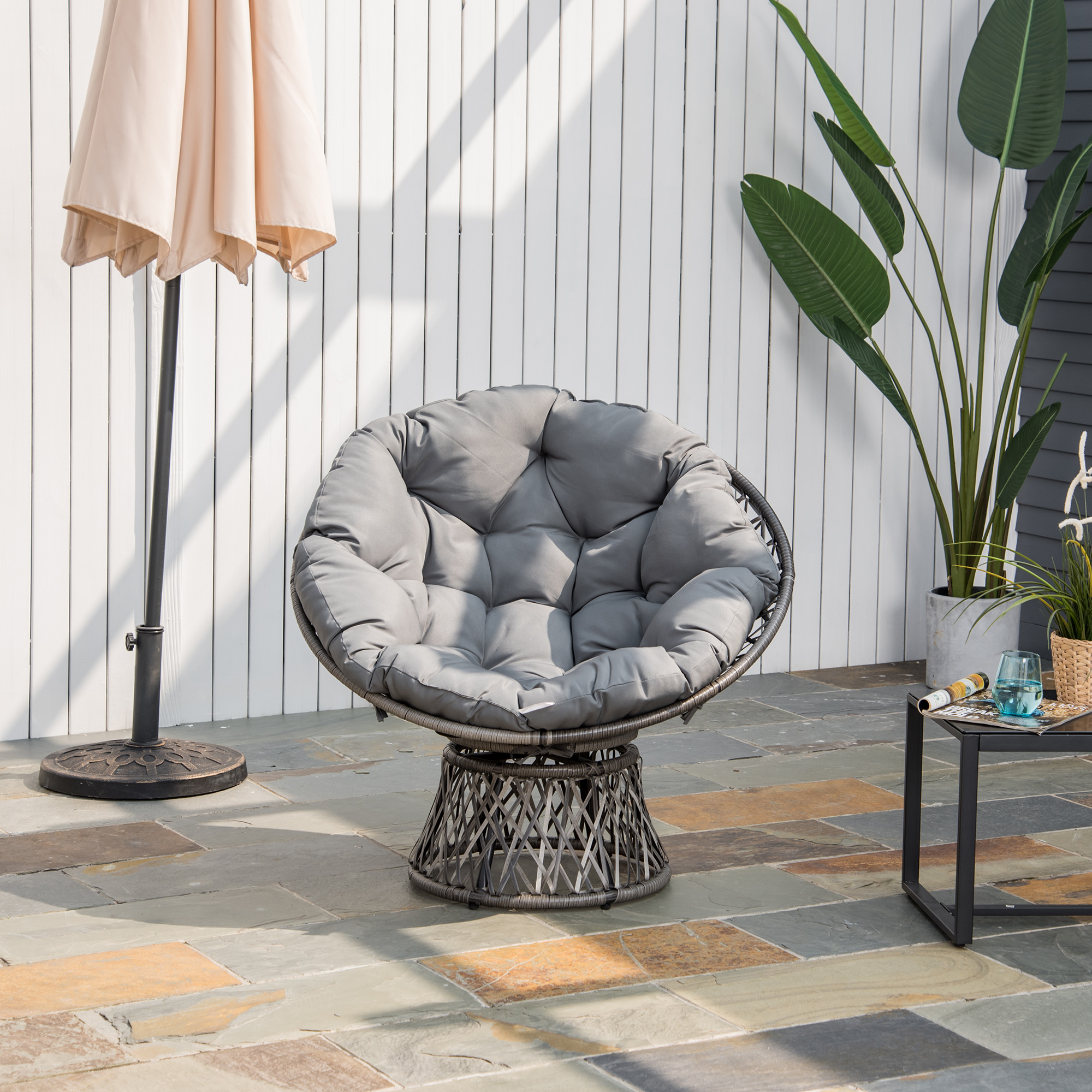 Outsunny Fauteuil Papasan Rotin 100cm Pivotant 360° Avec Coussin - Intérieur Extérieur Gris