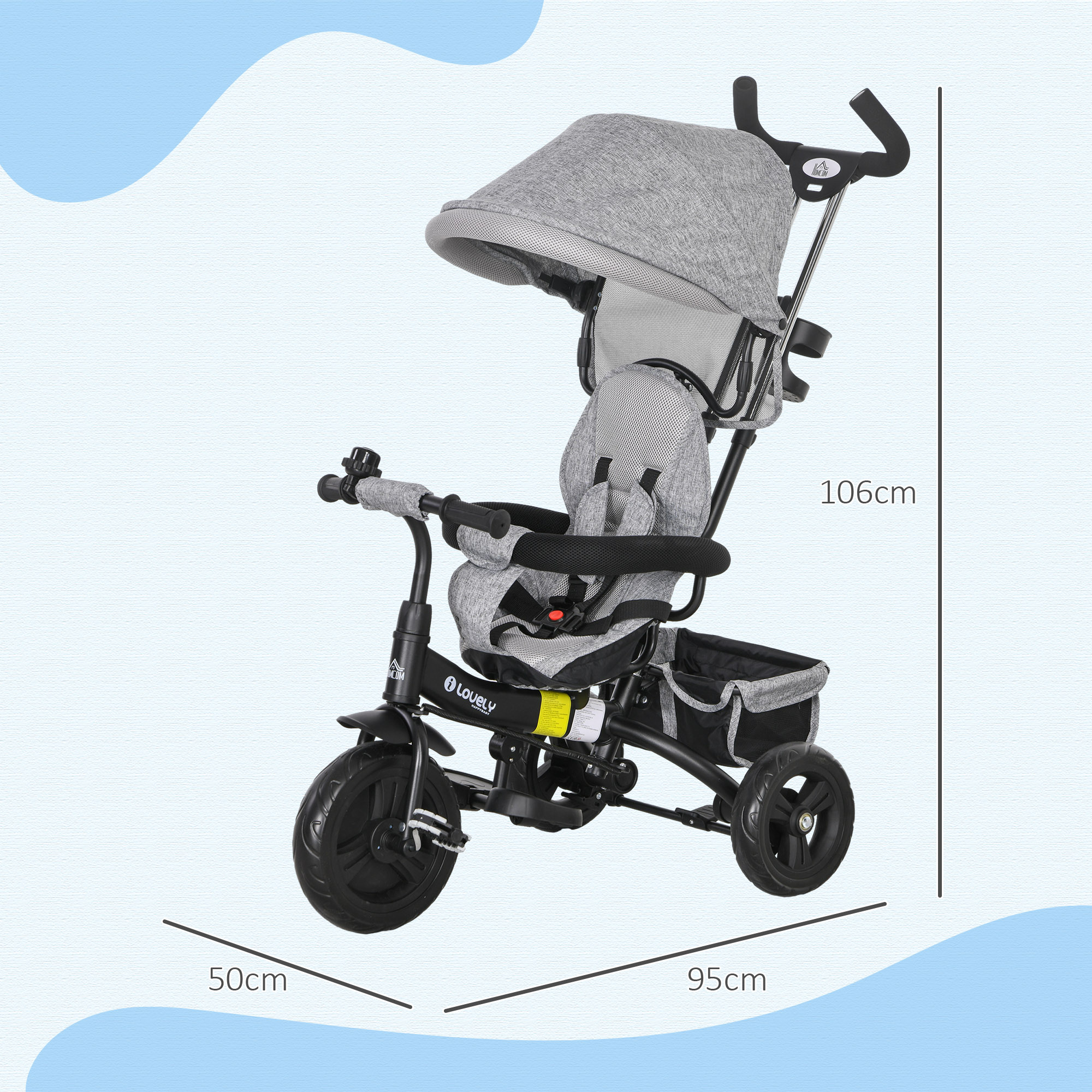 HOMCOM Tricycle Enfant évolutif Pare-Soleil Pliable Canne - Main Image