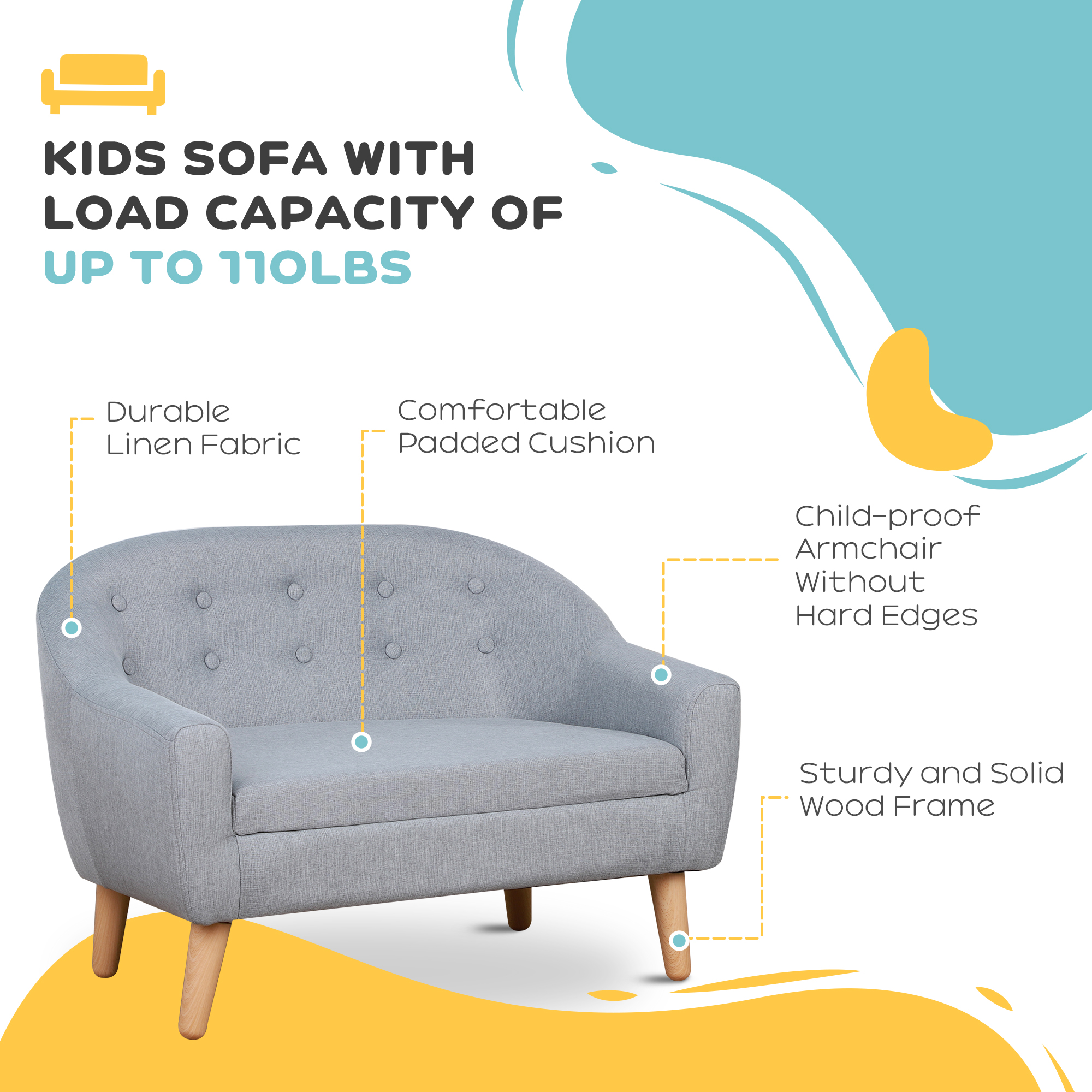 HOMCOM Children's Armchairs Kids Armchair Toddler Chair 2 Seater Wood Frame Mini Sofa for Bedroom Playroom Grey 6