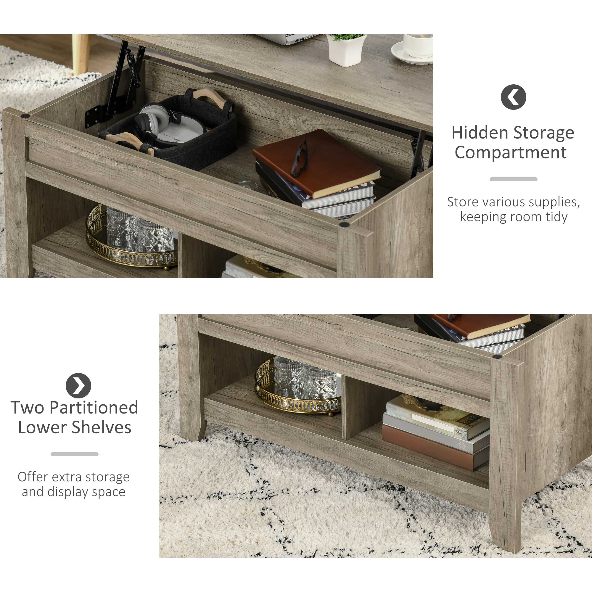 HOMCOM Lift Top Coffee Table w/ Hidden Storage Compartment Open Shelves Lift Tabletop Pop Up Centre Table for Living Room Oak Effect 5