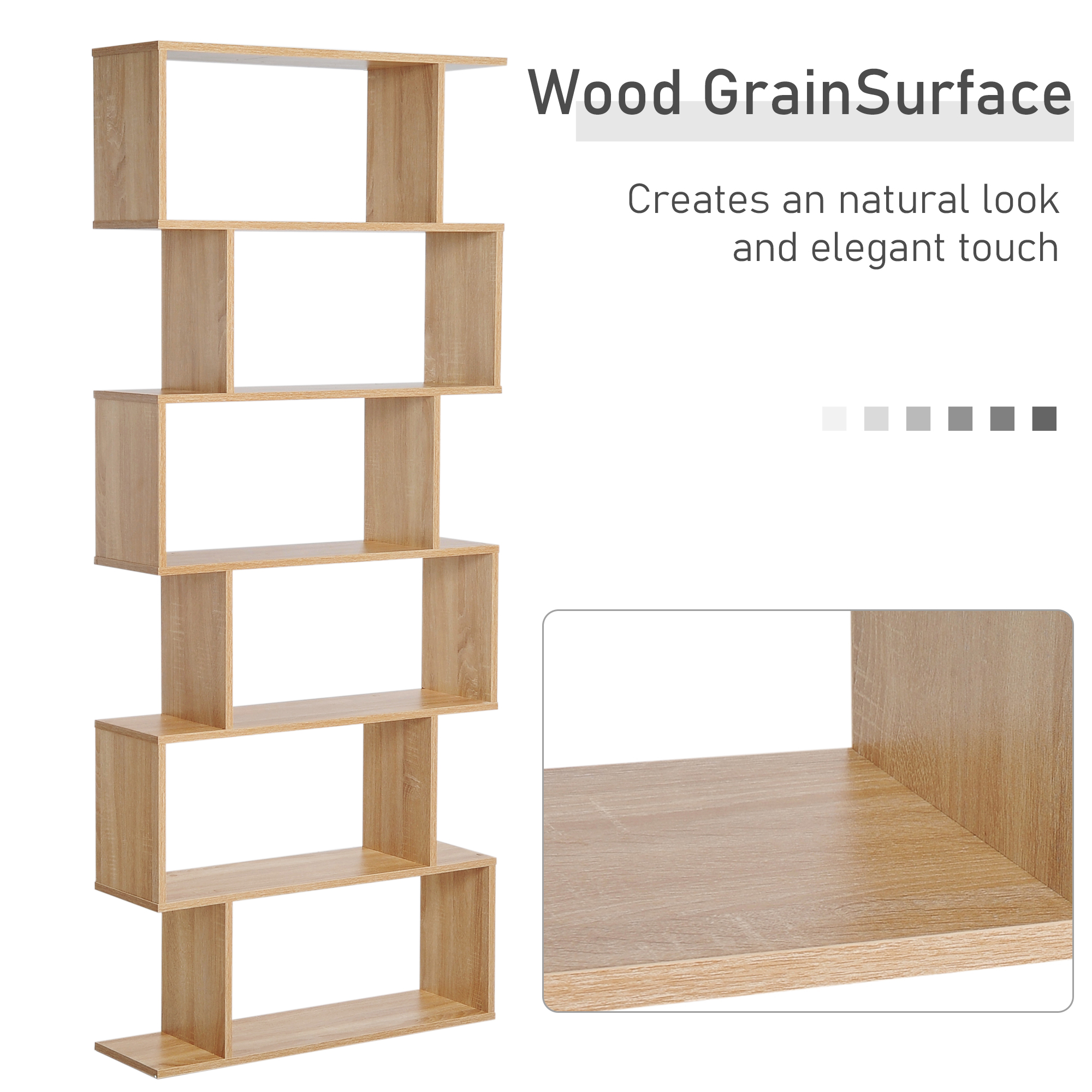 HOMCOM Bookcase, 6 Tier Shelf S Shaped Bookshelf, Storage Unit, Display Shelf for Living Room, Bedroom, Home Office, Plant, Oak 6
