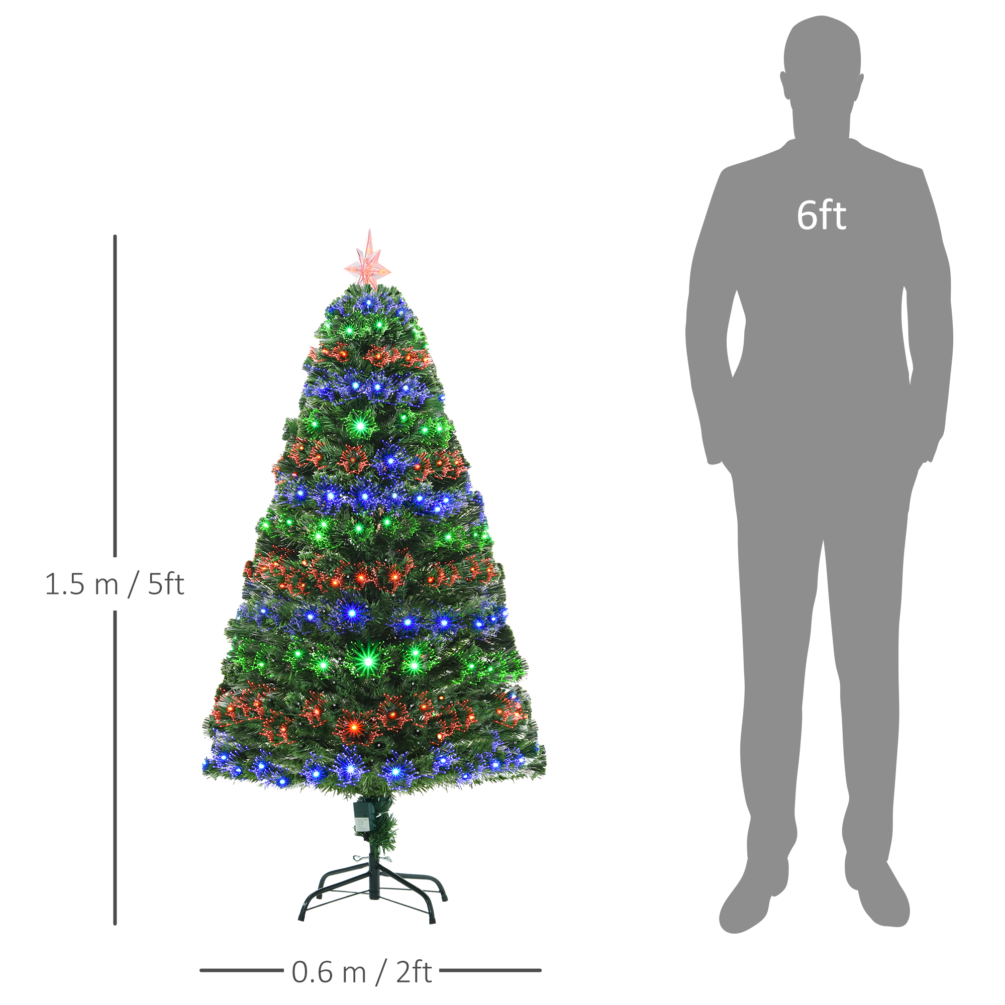 HOMCOM 5 Feet Prelit Artificial Christmas Tree with Multi-Coloured Fiber Optic LED Light, Holiday Home Xmas Decoration, Green 3