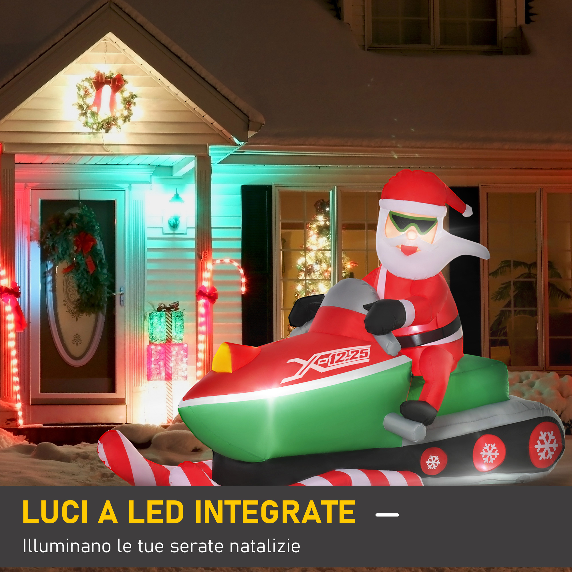 Babbo Natale gonfiabile largo alla guida di un'auto con LED e