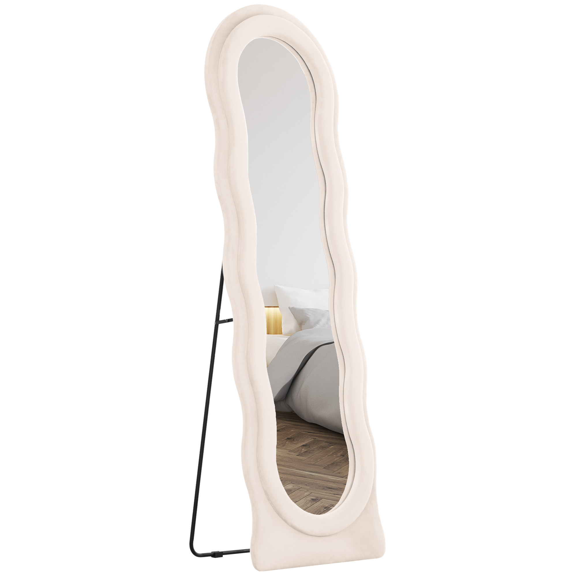 HOMCOM Espejo de Cuerpo Entero Espejo Diseño Ondulado Marco con Tela de Terciopelo para Salón Dormitorio 160x50 cm Crema   Aosom España
