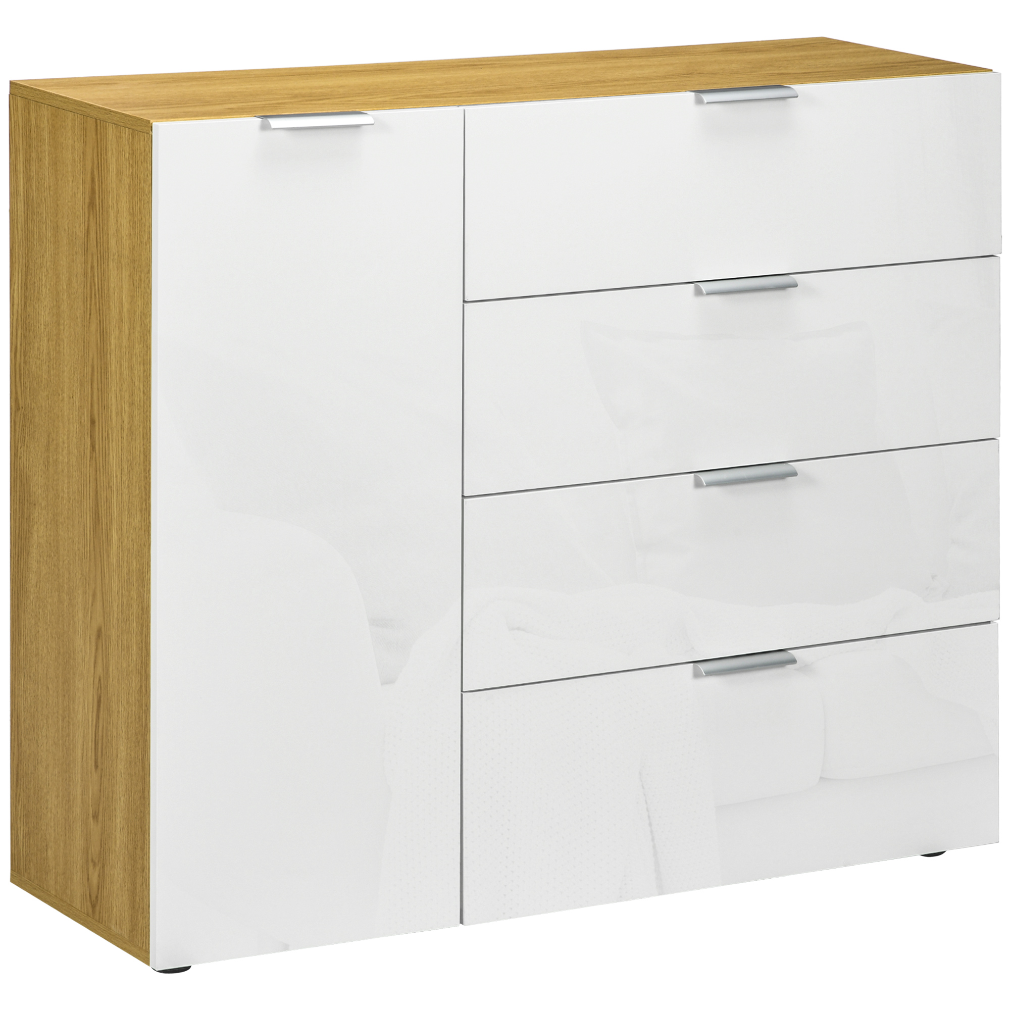 HOMCOM Aparador de Salón Cajonera y Cómoda con 4 Cajones Puerta y Estantes Ajustables 105x35x92 cm Blanco y Natural   Aosom España