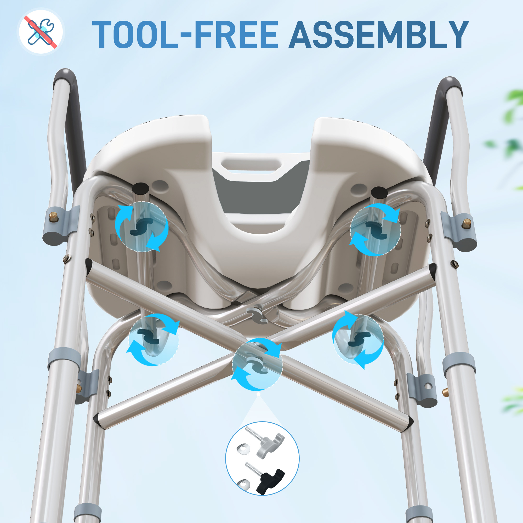 HOMCOM Shower Chair with Hygiene Cut-Out Seat and Reinforced Crossbars, Height Adjustable Padded Bath Chair with Non-slip Feet for Elderly Seniors Disabled Handicap, Tool-Free Assembly, Grey 9