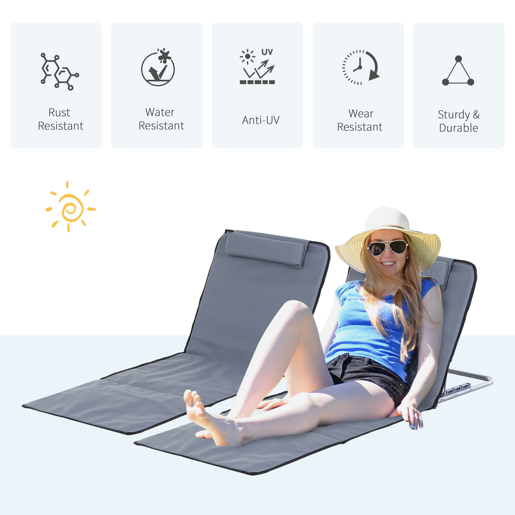 Outsunny Set of 2 Foldable Garden Beach Chair Mat Lightweight Outdoor Sun Lounger Seats Adjustable Back Metal Frame PE Fabric Head Pillow w/ Carry Bag,Grey 4