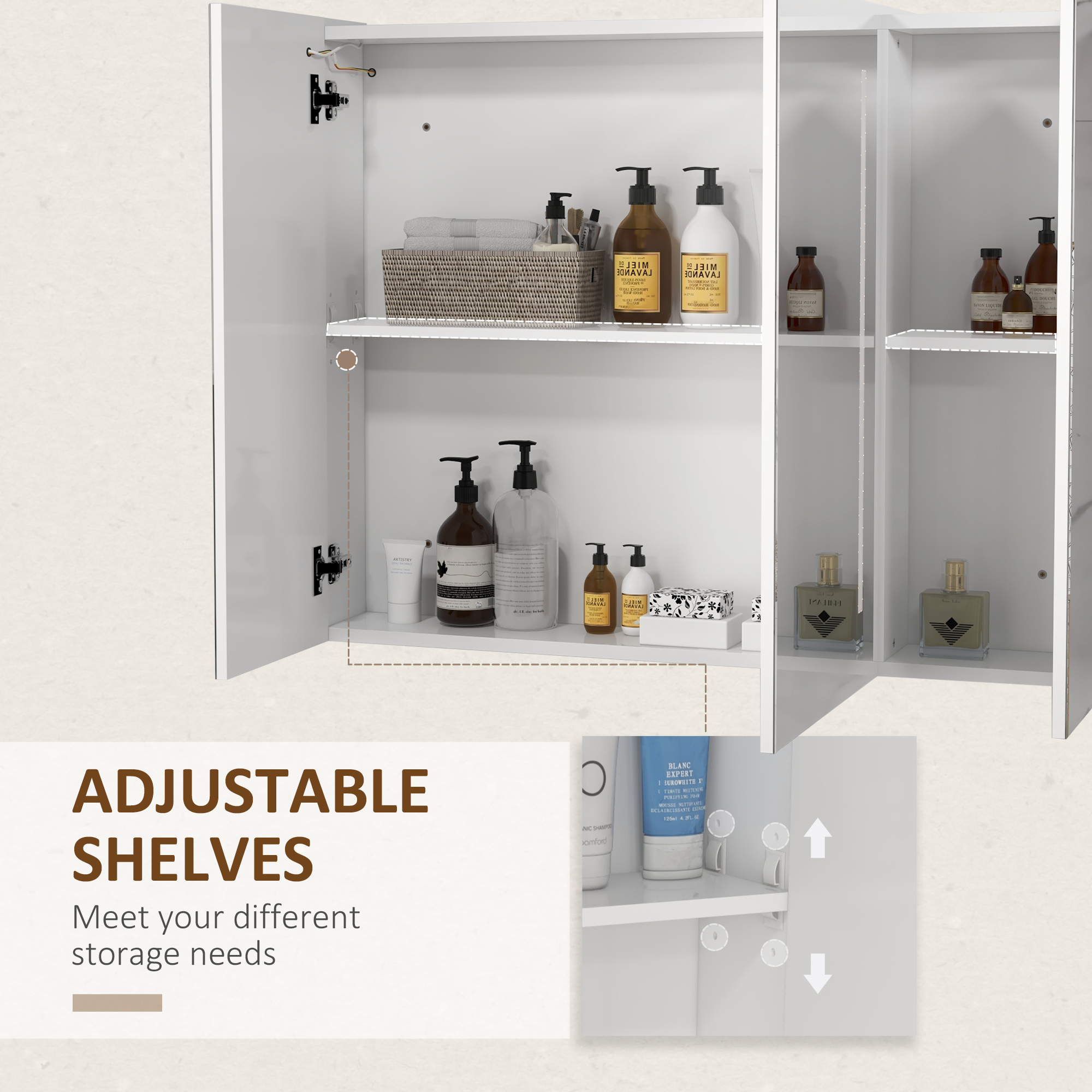 kleankin Bathroom Mirror Cabinet with Light, Bathroom Storage Cupboard with USB Charge, Adjustable Shelf, 90x15x70cm, White 6