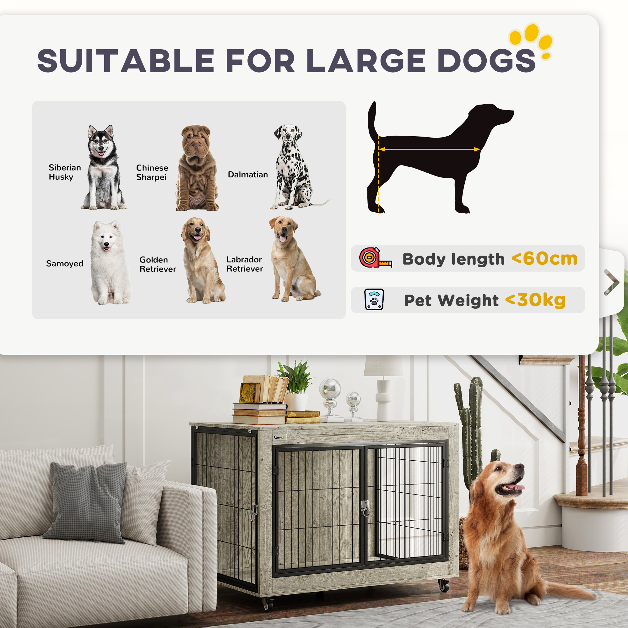 PawHut Dog Crate Furniture with Wheels, Double Doors, for Large Dogs, Grey 8