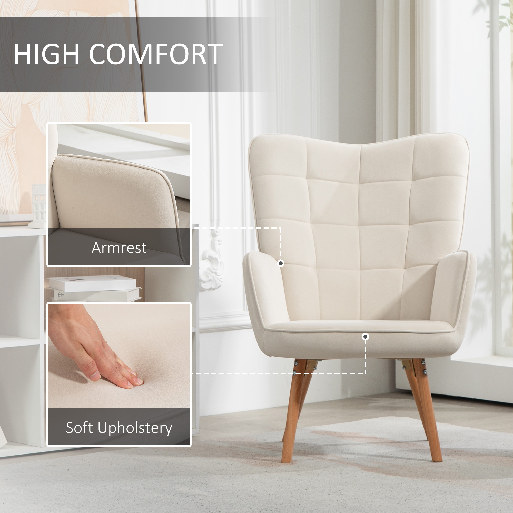 HOMCOM Modern Accent Chair, Upholstered Tufted Wingback Armchair with Seat Padding, Velvet Leisure Lounge Bedroom Chair with Wood Legs, Cream White 4
