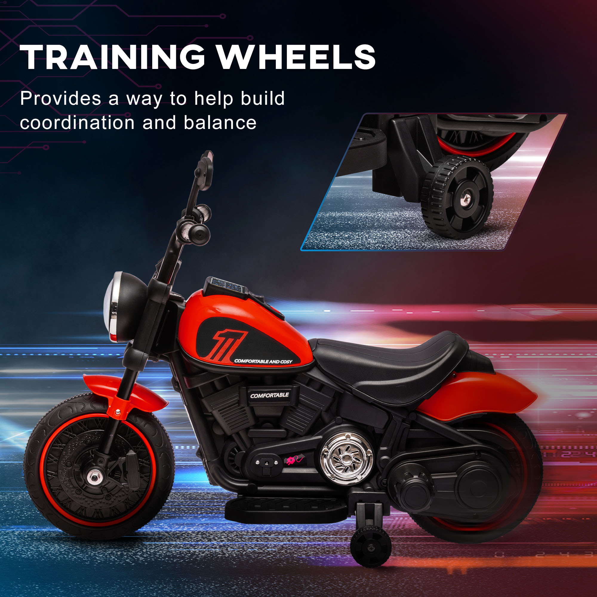 HOMCOM 6v Electric Motorbike with Training Wheels, One-Button Start Red 5
