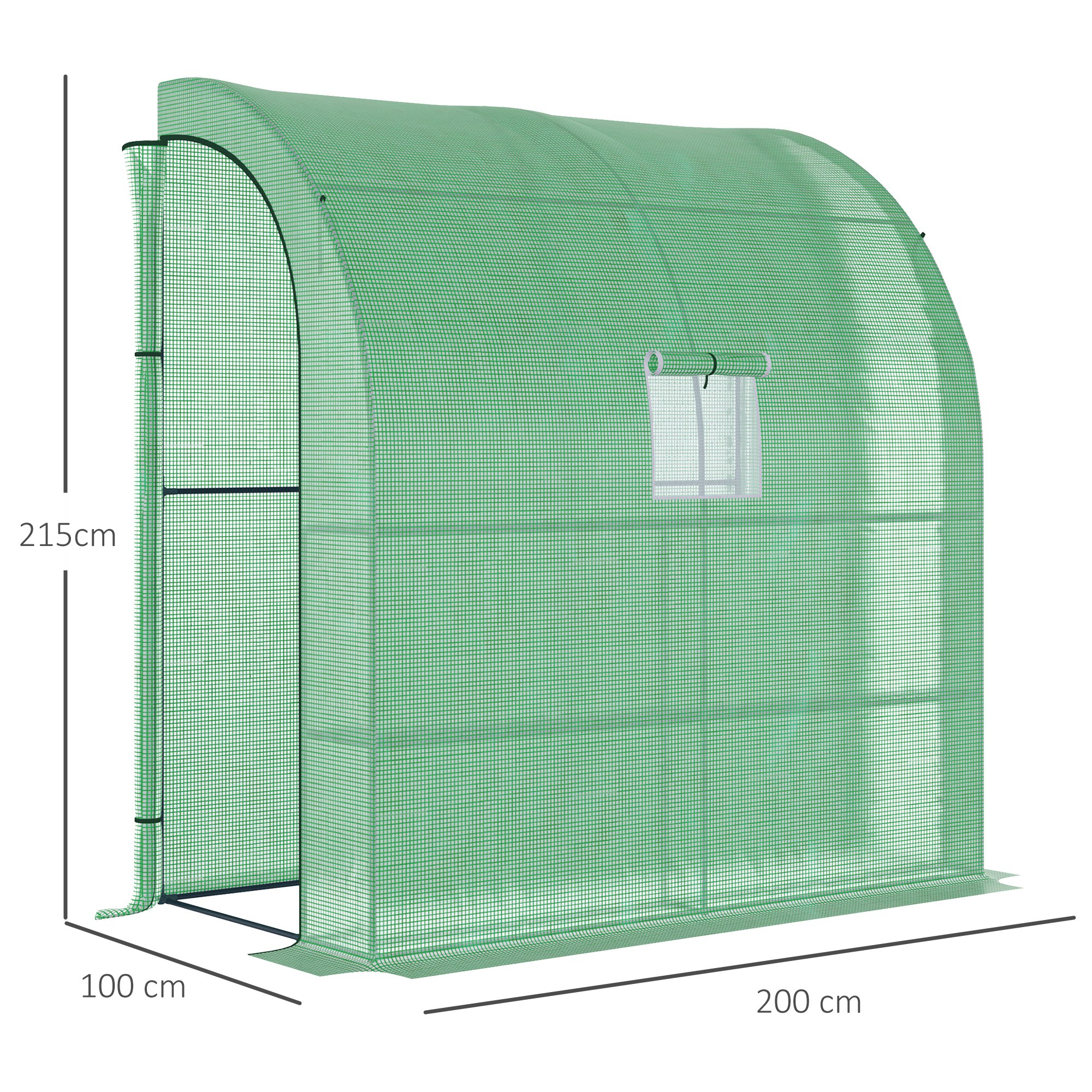 Outsunny Walk-In Lean to Wall Greenhouse with Windows and Doors, Outdoor Green House with 3 Tiers 4 Wired Shelves, 200L x 100W x 215Hcm, Green 3