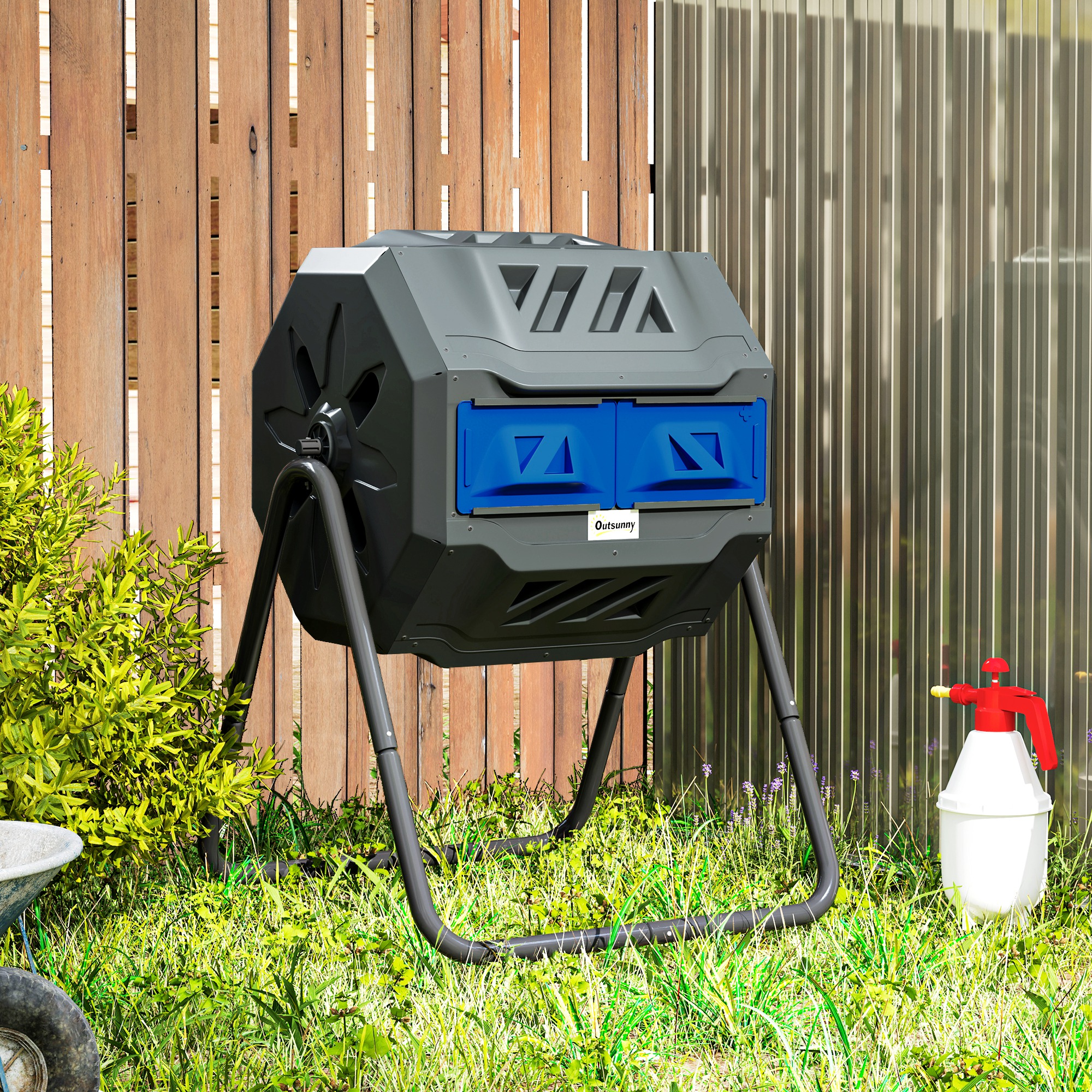 Outsunny 160L 360° Rotating Dual Chamber Composter Blue 8