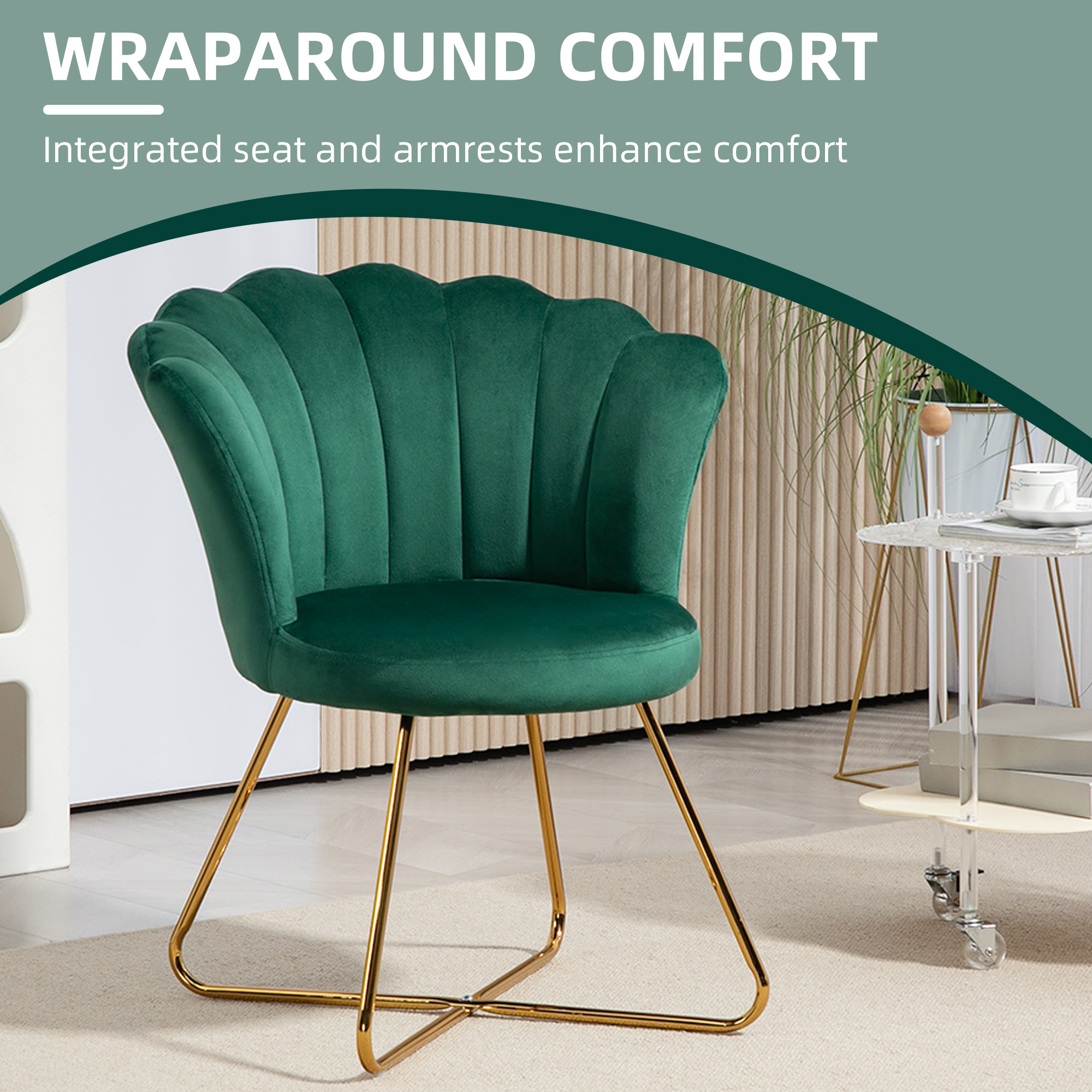 HOMCOM Velvet-Feel Lotus Petal Accent Chair Green 4