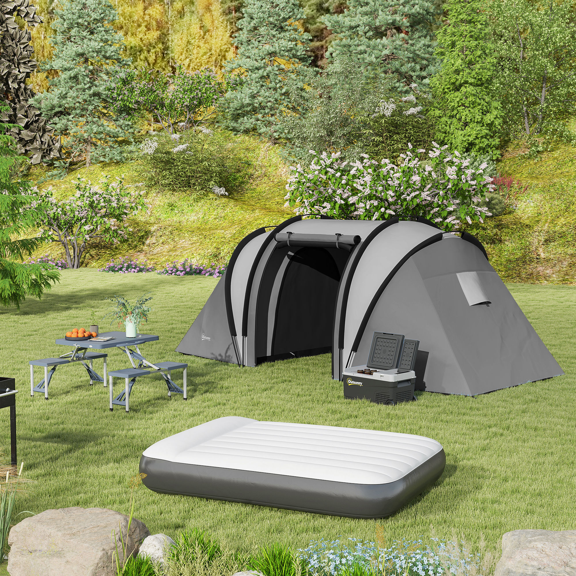 Outsunny Matelas Gonflable 2 Places 191x137x22 Cm - Pompe Manuelle Incluse, 2 Oreillers - Camping, Voyage