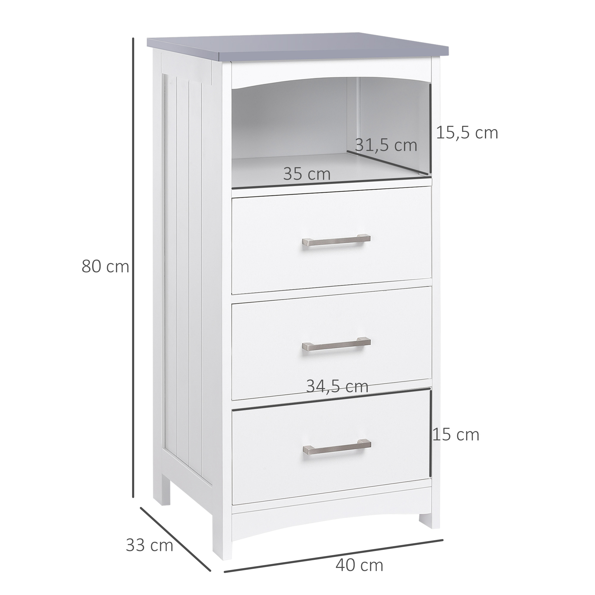 kleankin Badezimmerschrank Badschrank Badkommode mit 3 Schubladen und offenem Fach Badschrank schmal Modern Weiß 40 x 33 x 80 cm