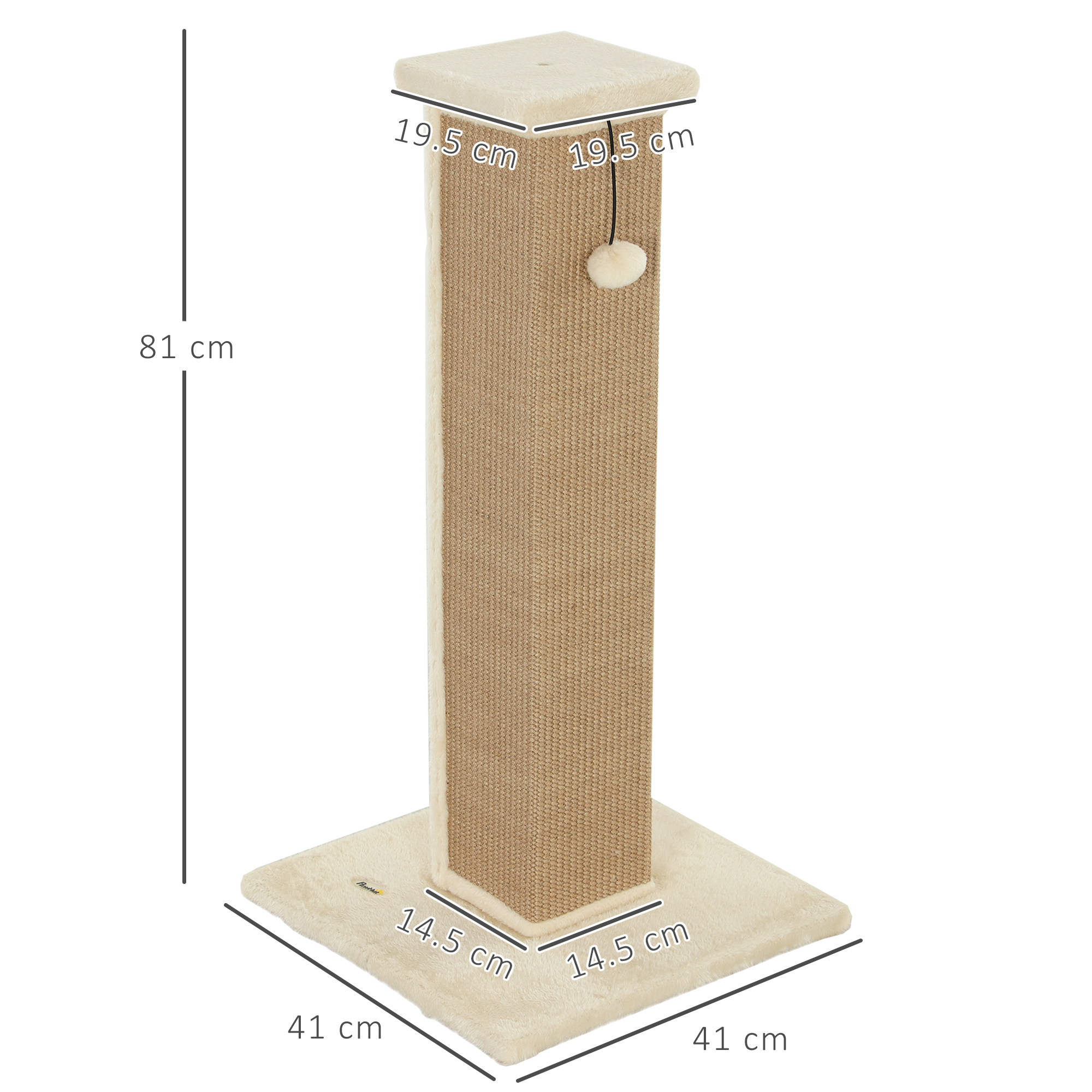 PawHut 81cm Cat Scratcher, Vertical Full Scratcher w/ Natural Jute Rope, Hanging Ball, Soft Plush Beige 3