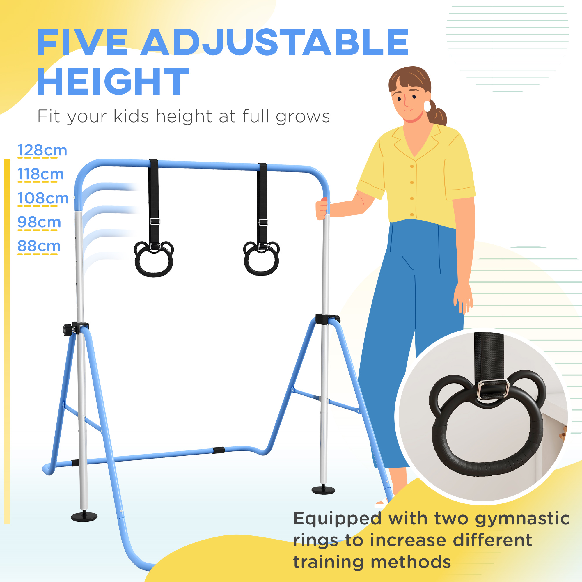 HOMCOM Adjustable Height, Foldable Kids Gymnastics Bar w/ Non-slip Rubber Floor Rings, for 3+ Years, Blue 4