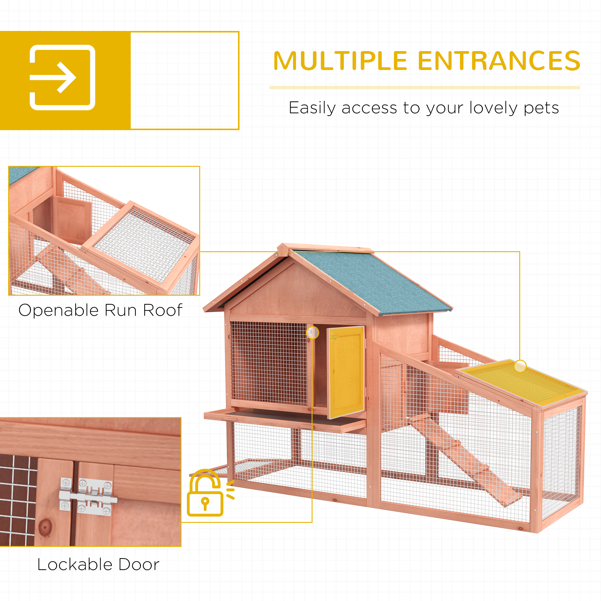 PawHut 2 Tier Rabbit Hutch Outdoor, Guinea Pig Hutch, Solid Wood Bunny House, Water Resistant Asphalt Roof Ramp Sliding tray 144 x 64.5 x 100 cm 5