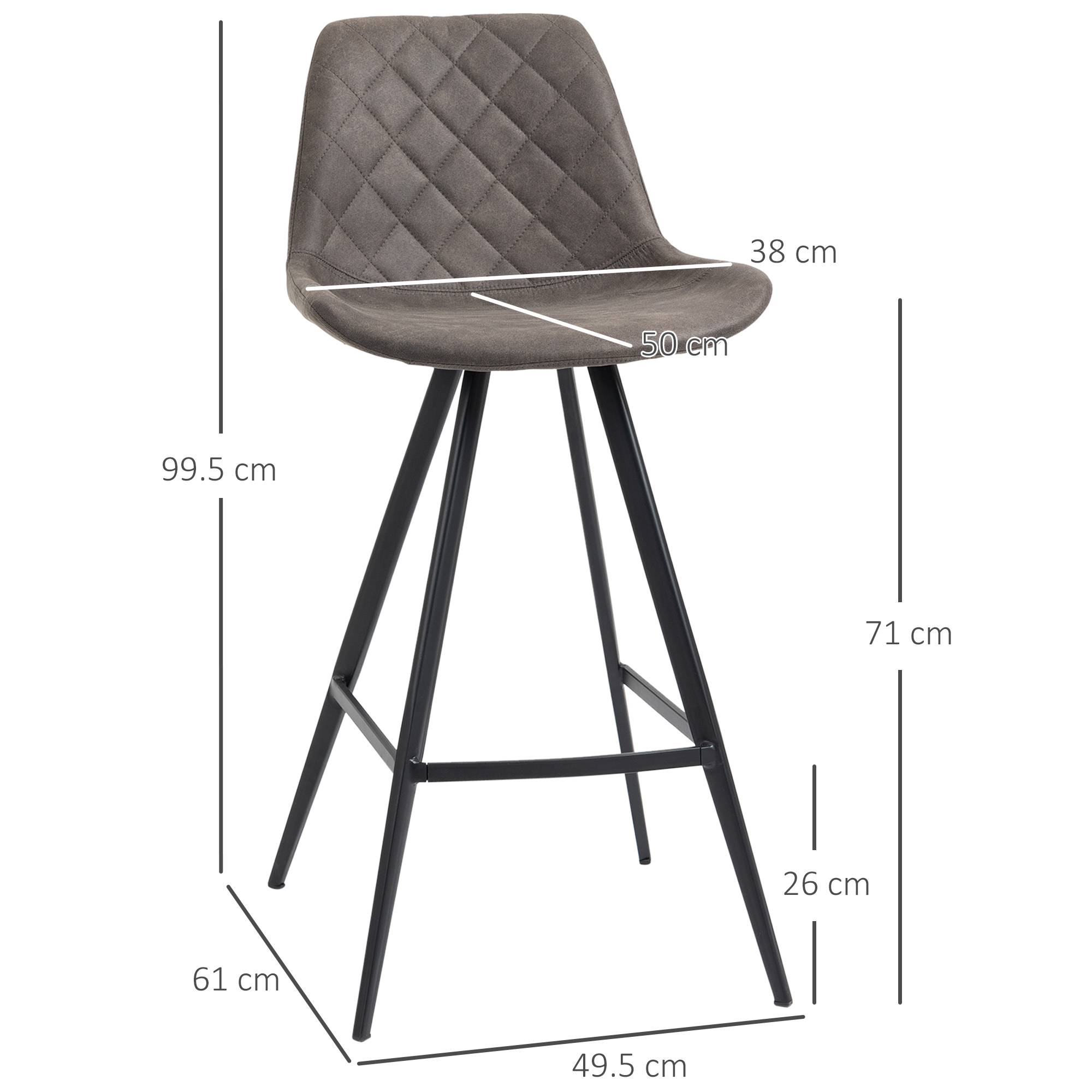HOMCOM Set Of 2 Bar Stools Vintage Microfiber Cloth Tub Seats Padded Comfortable Steel Frame Footrest Quilted Home Bar Cafe Kitchen Chair Stylish Dark Grey 3