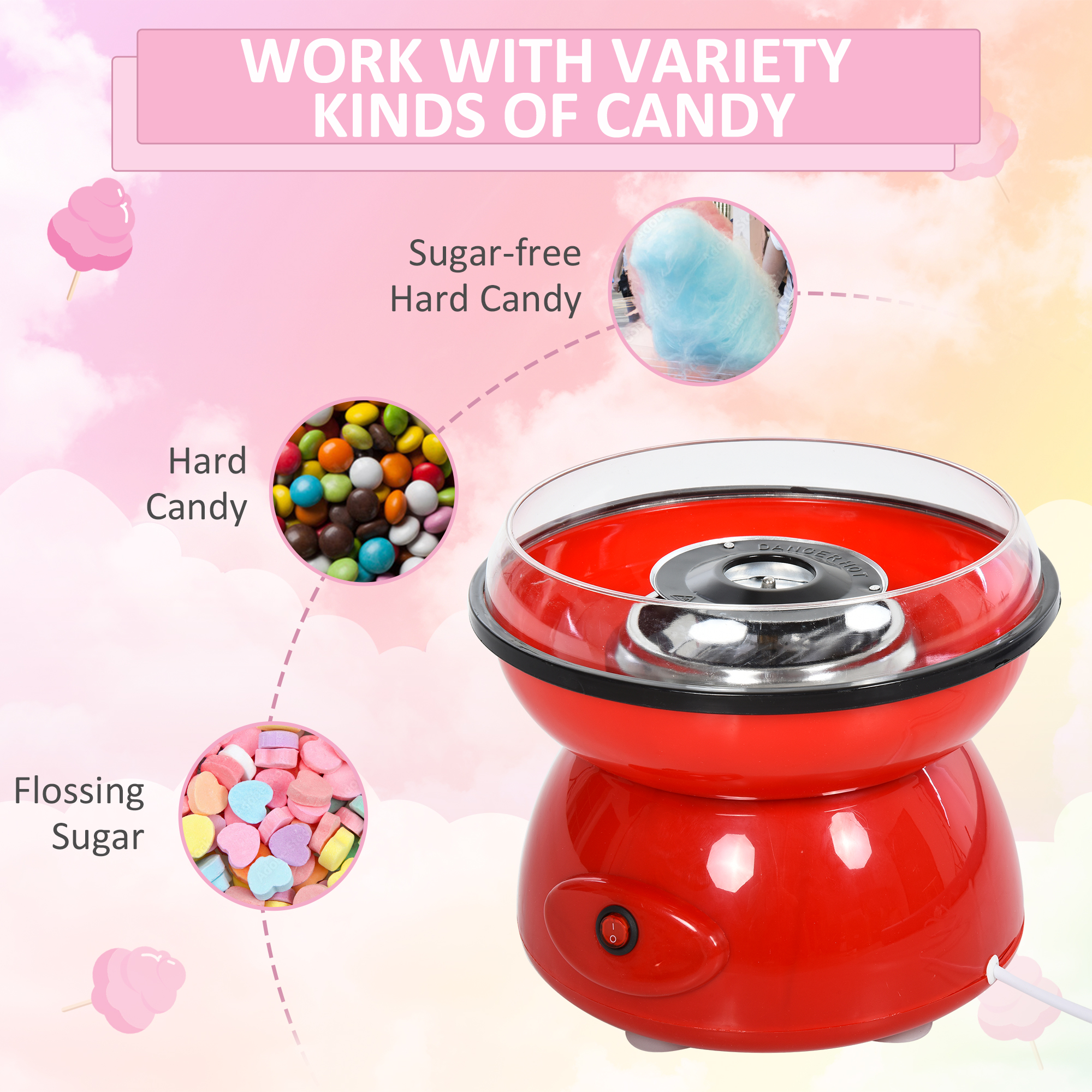 HOMCOM 450W Electric Candyfloss Machine Kit Non-Stick Plates Fairground Fun Children Adult Party Gift Home Sweet Metal Body w/ Accessories Red 5