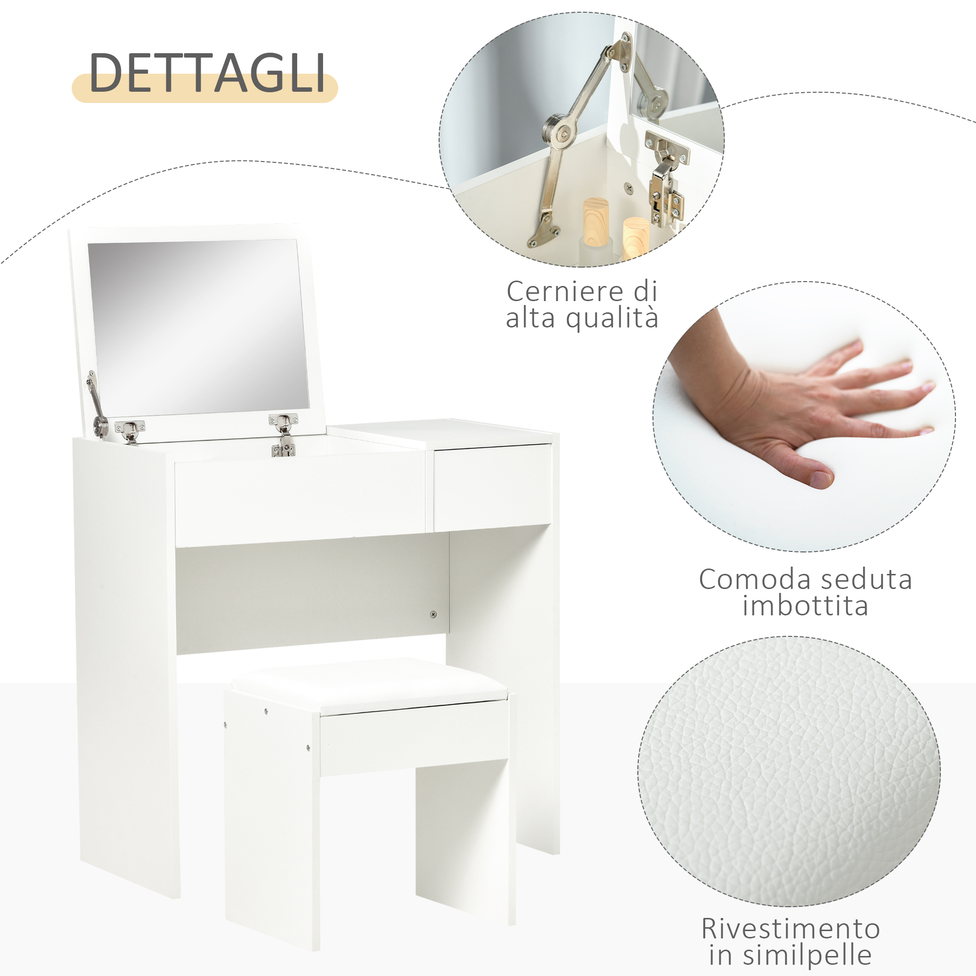 Tavolo da toeletta con specchio ribaltabile e 2 cassetti - L120 cm