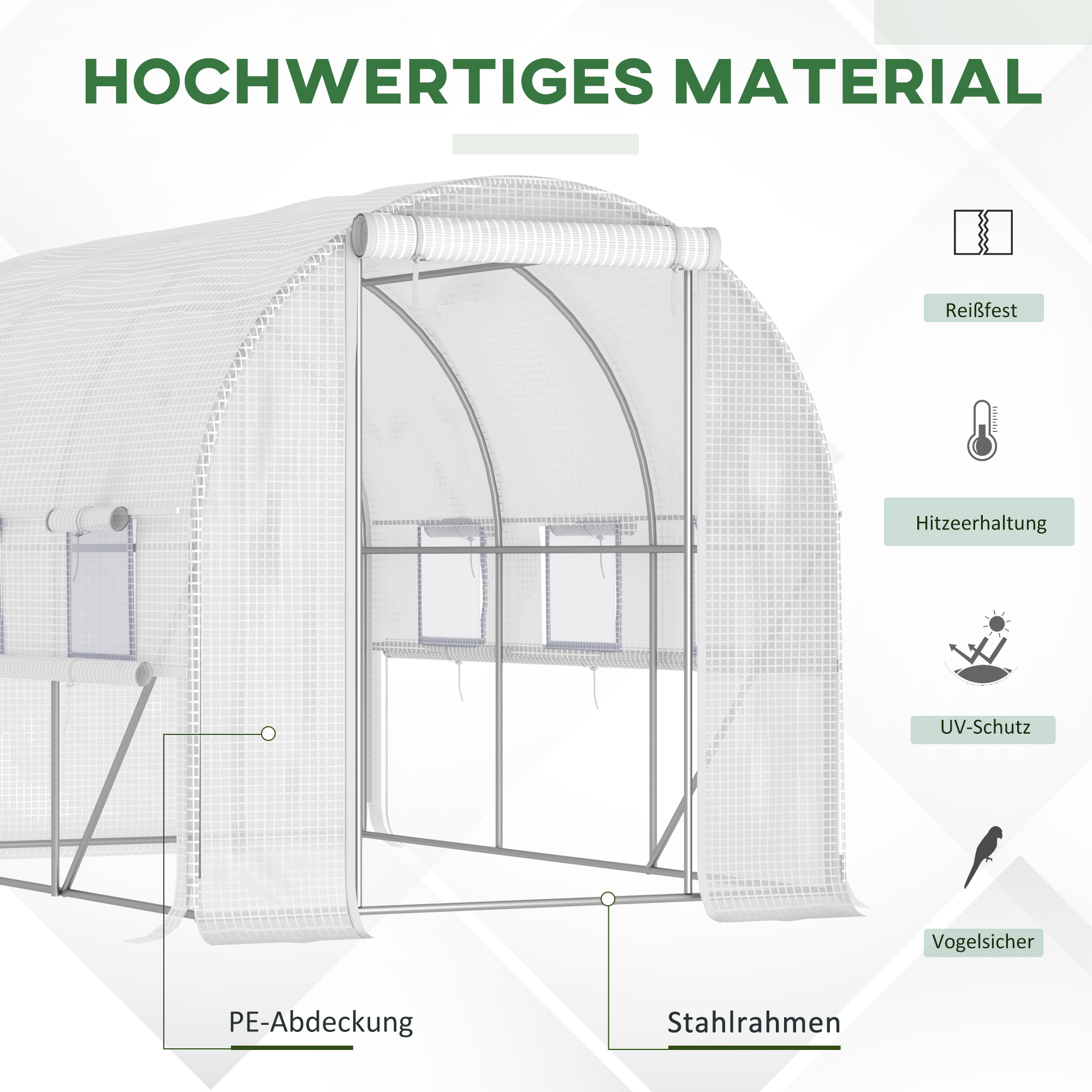 Fooliumkasvuhoone, 6 rulluvat akent, lukuga uks, roostevabast terasest raam, 2,95 x 2 x 2 m, valge