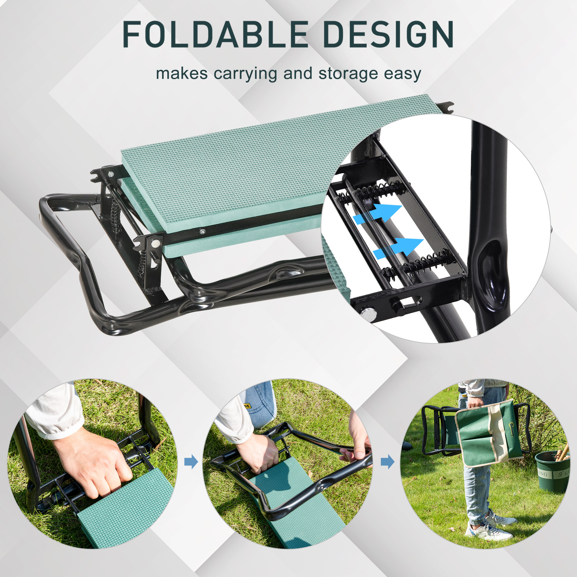 Outsunny Steel Frame Padded Garden Kneeler, with Tool Bag Green 5