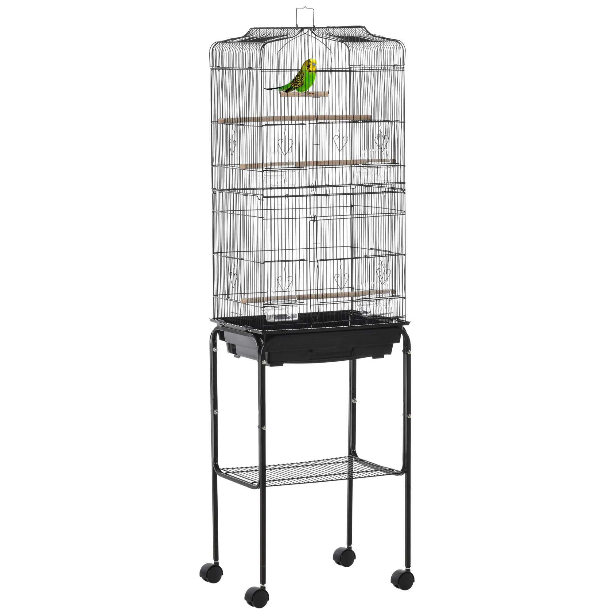 PawHut Jaula para Pájaros con Soporte Metálica de Aves con 4 Ruedas Puertas Bandeja Extraíble y Estante Inferior 46,5x36x157 cm Negro   Aosom España