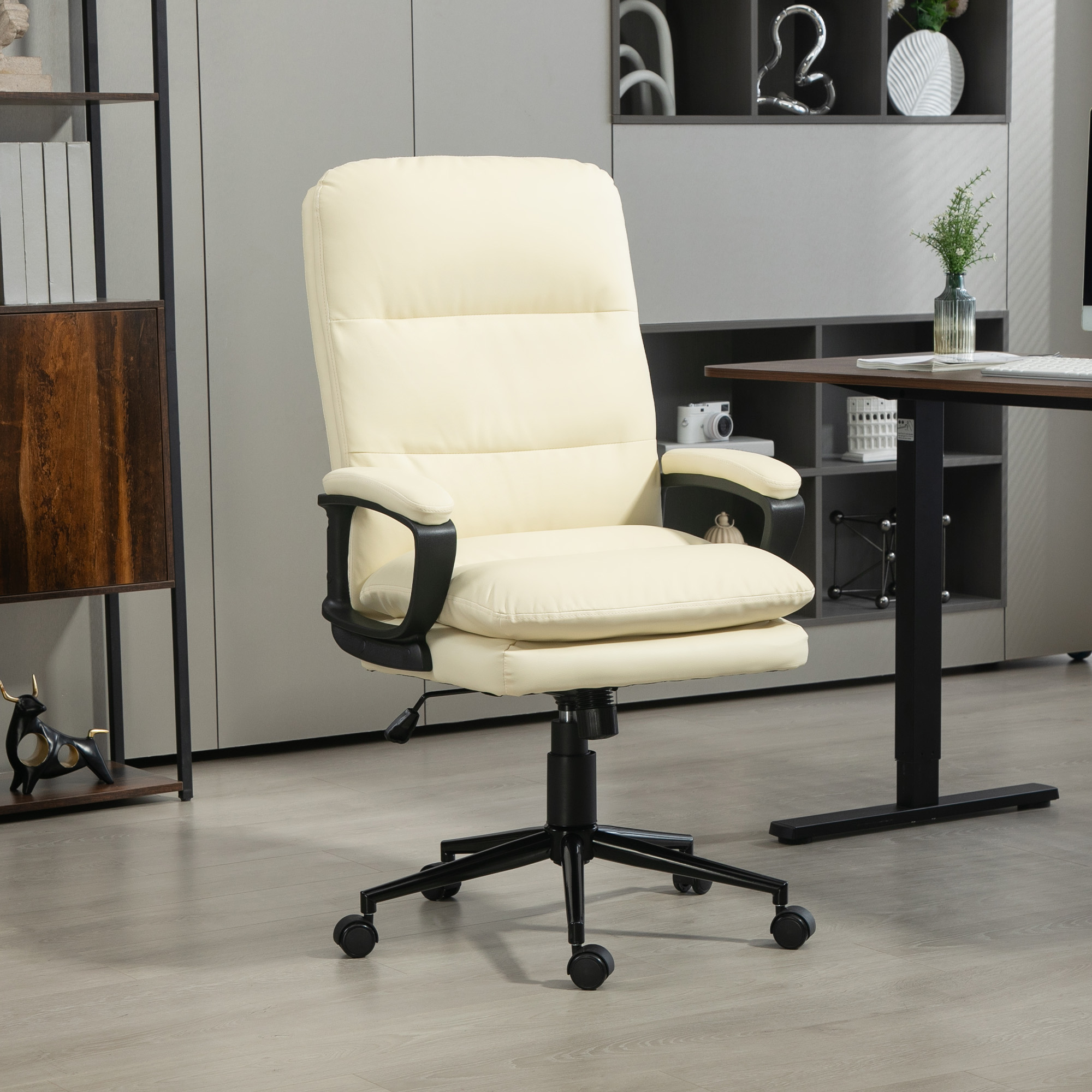 Vinsetto Office Chair, PU Leather Computer Desk Chair Office Chair with Adjustable Height and Swivel Rolling Wheels for Work Study, Cream White 2