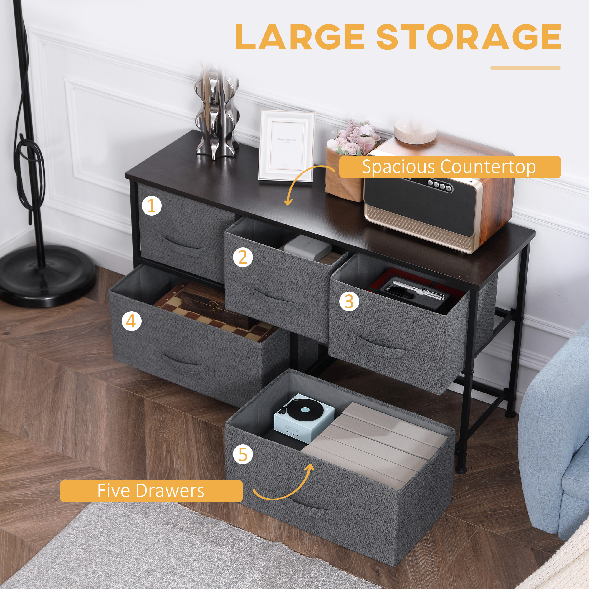 HOMCOM Chest of Five Fabric Drawers Grey 4