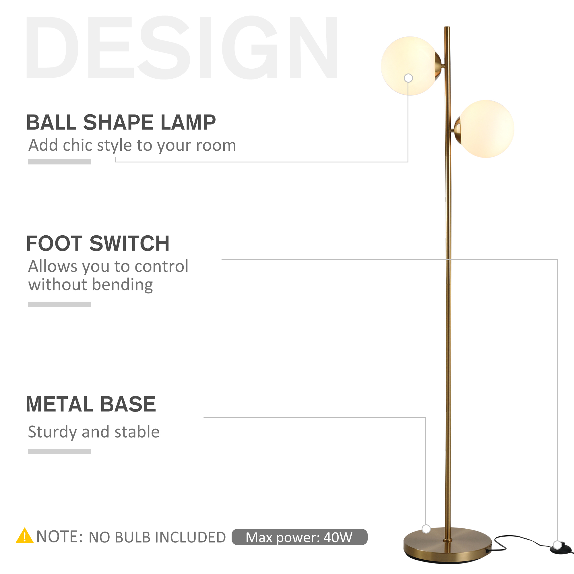 HOMCOM 2 Lights Tree Floor Lamp for Living Room with Globe Lampshade, Standing Lamp for Bedroom, Bulb not Included, Gold Tone 4