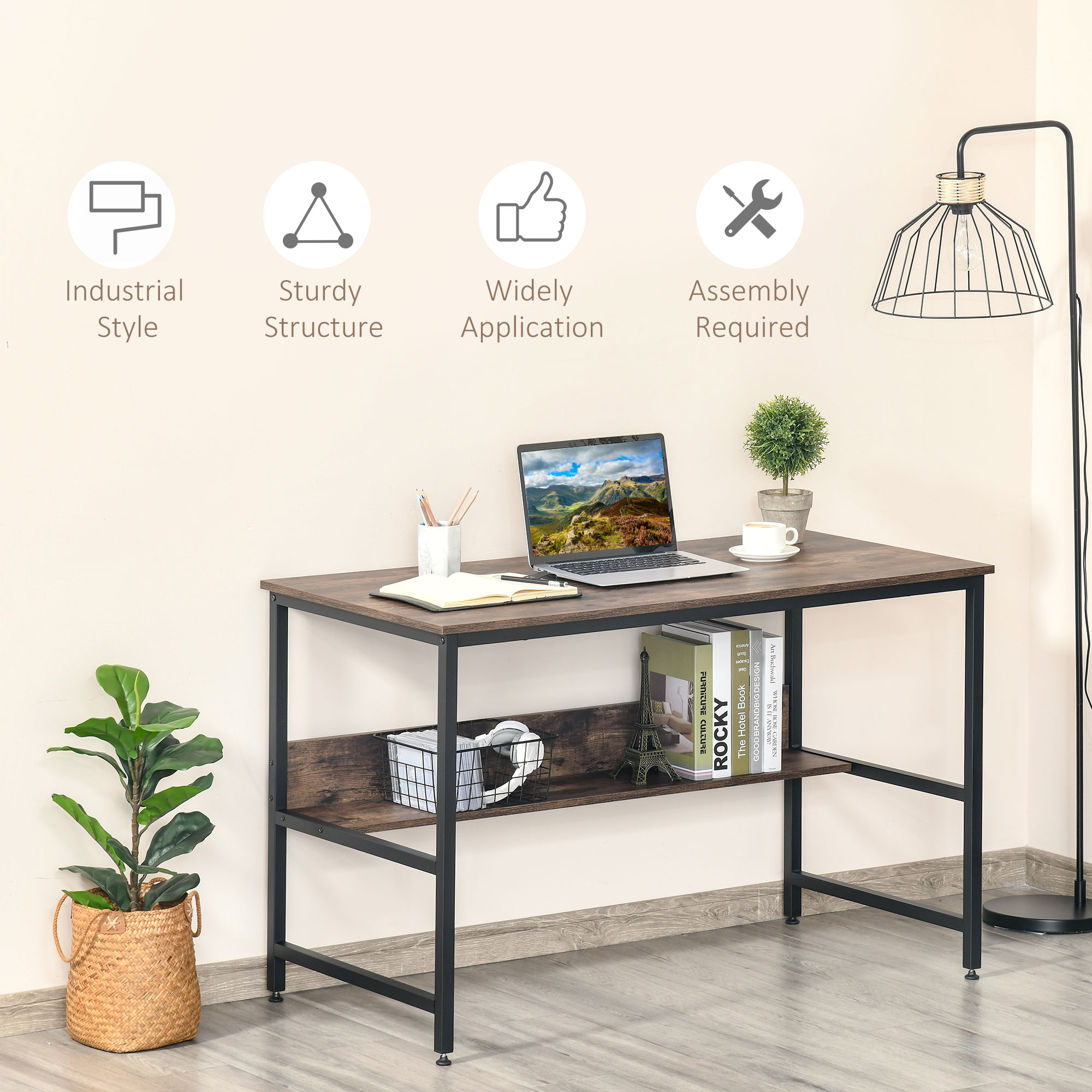 HOMCOM Computer Desk with Storage Shelf, 120 x 60cm Home Office Desk with Metal Frame, Study Table, Easy Assembly, Rustic Brown 6
